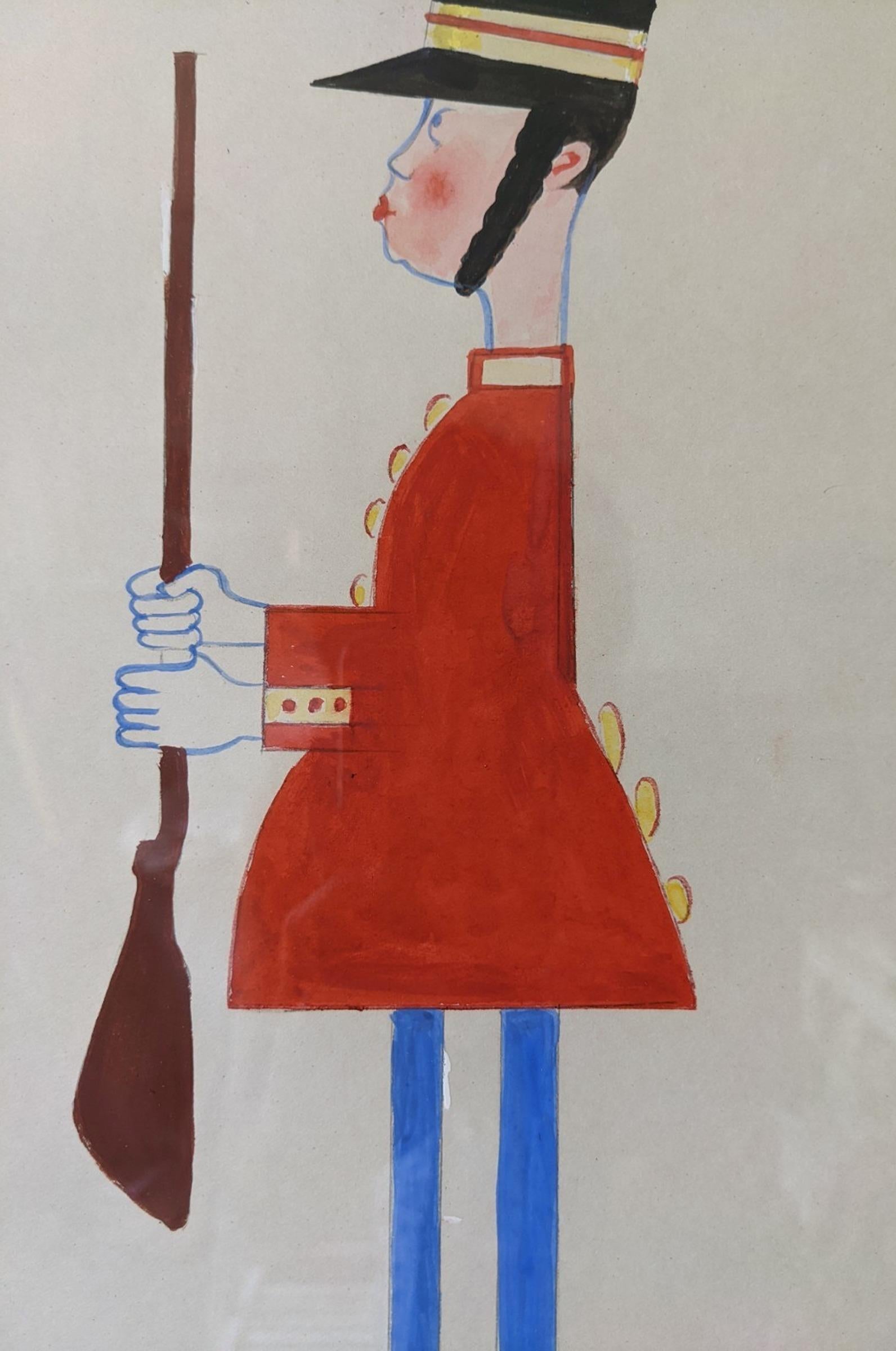 Vintage Mid-Century Modern Figurative Portrait Framed Painting, The Royal Guard For Sale 3