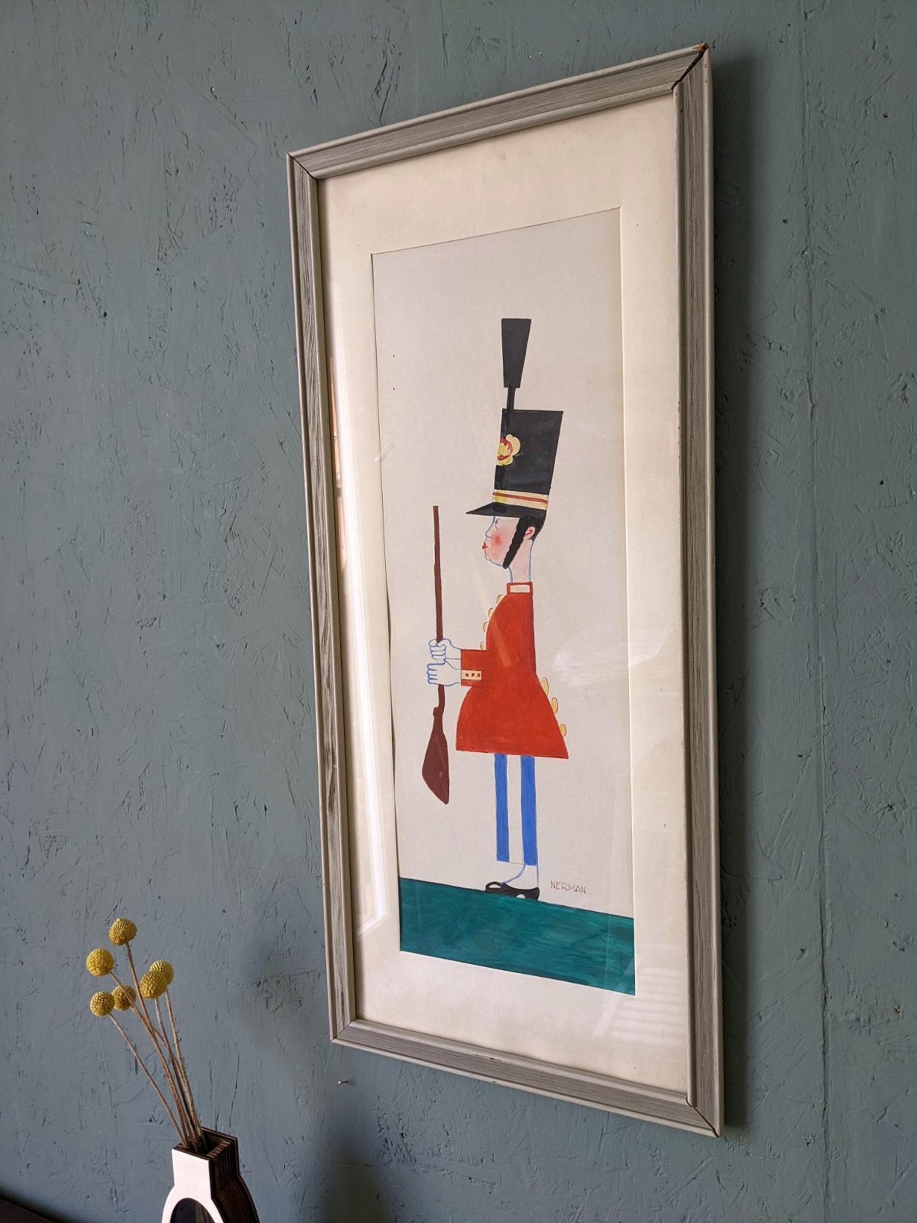 Vintage Mid-Century Modern Figurative Portrait Framed Painting, The Royal Guard For Sale 7