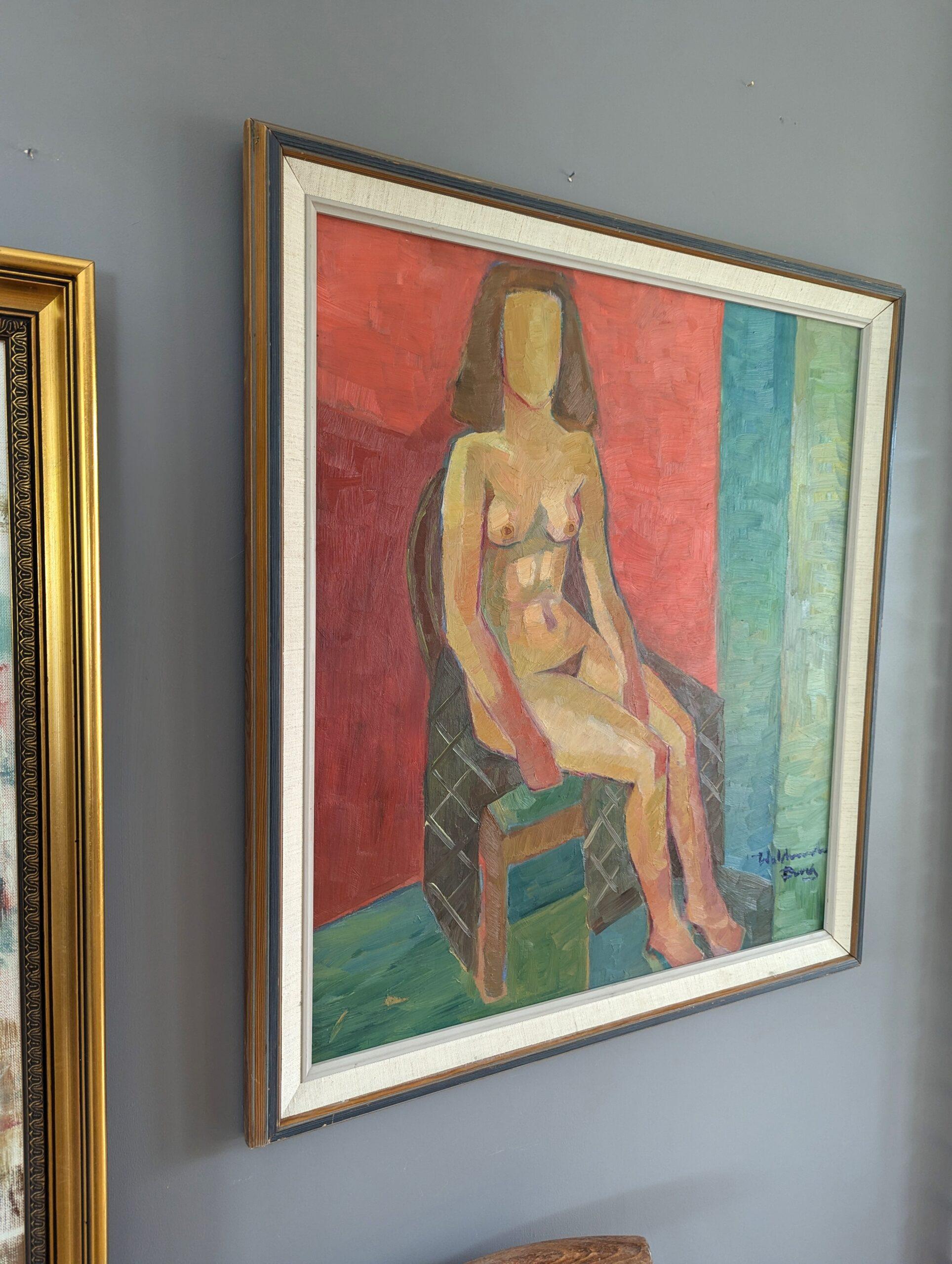 Vintage-Figuratives Vintage-Porträtgemälde – Akt auf Stuhl, Mid-Century Modern (Braun), Figurative Painting, von Unknown