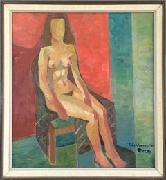 Quadro di ritratto figurativo vintage della metà del secolo scorso - Nudo su sedia