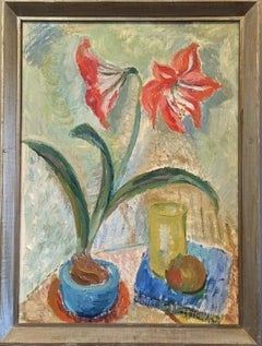 Vintage Mid-Century Modern Floral Still Life Framed Oil Painting - Amaryllis