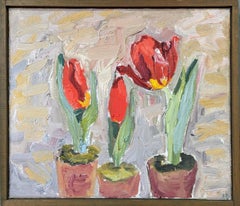 Vintage Mid-Century Modern Floral Still Life Framed Oil Painting - Red Blooms