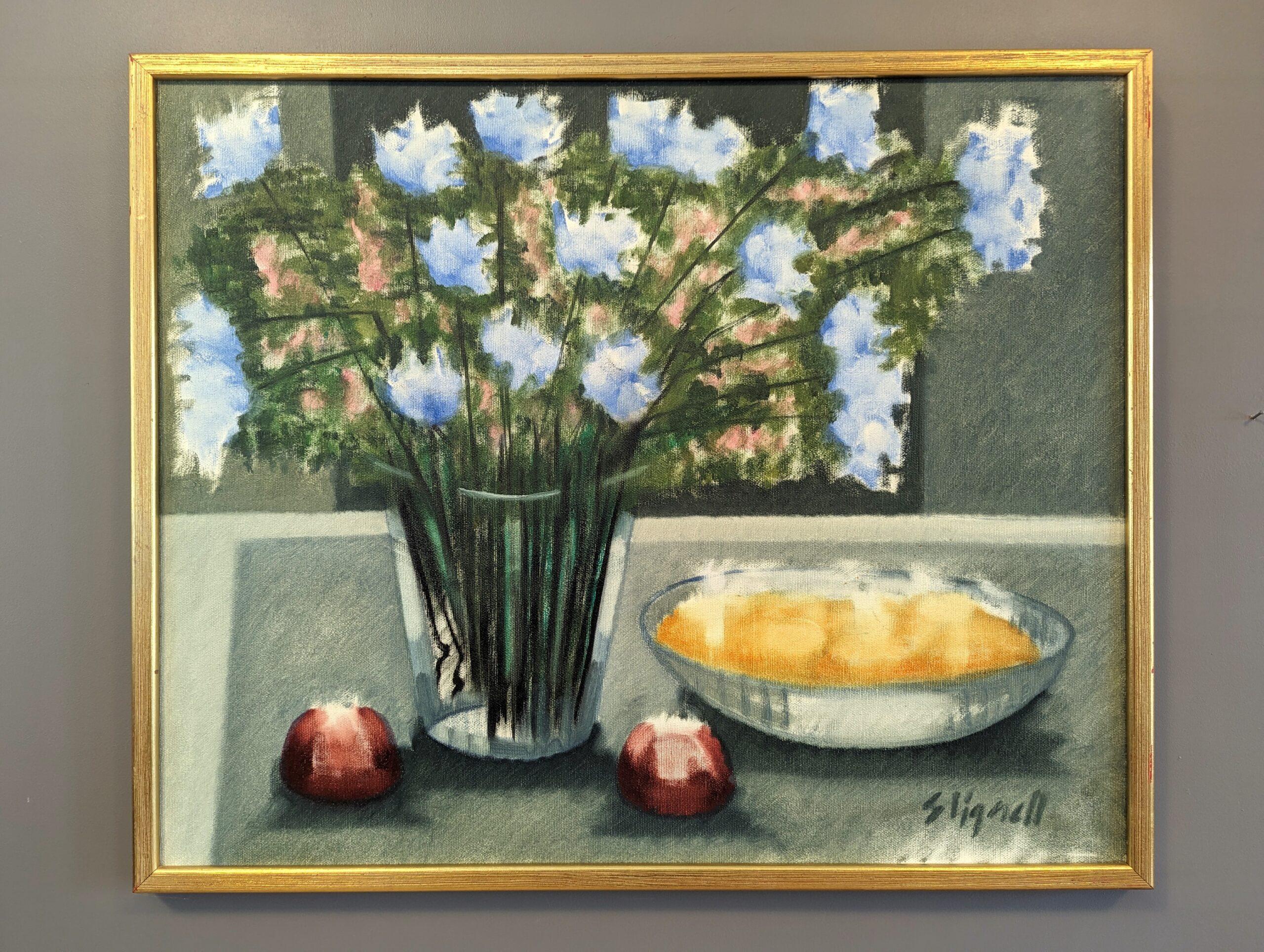 ETHEREAL STILL LIFE
Size: 53.5 x 64.5 cm (including frame)
Oil on Canvas

A soothing and elegant mid-century still life painting, executed in oil onto canvas.

The composition captures a table setting where 2 apples, a bowl, and a large vase of