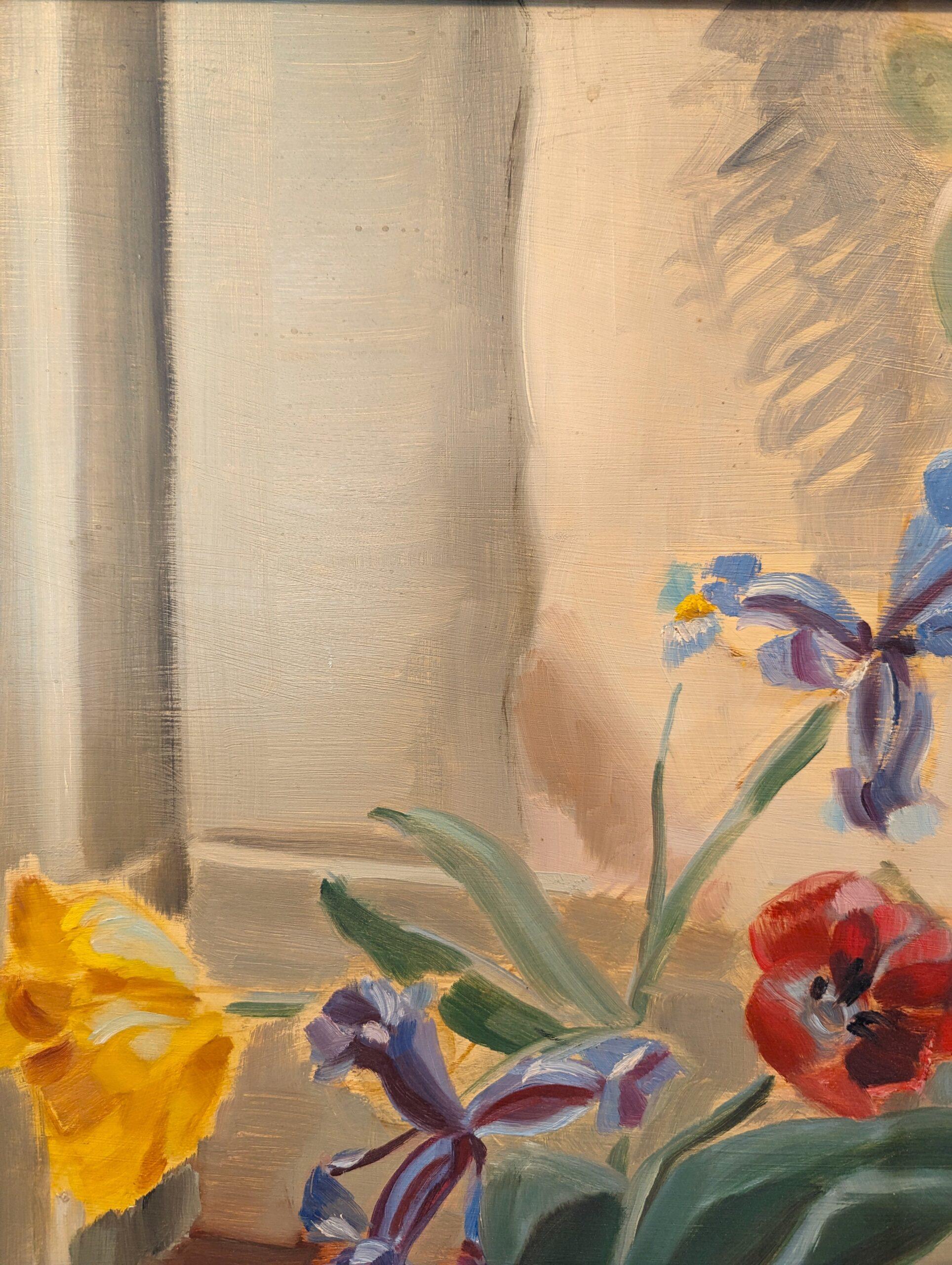 Vintage Mid-Century Modern Floral Still Life Oil Painting - Floral & Figurine For Sale 8