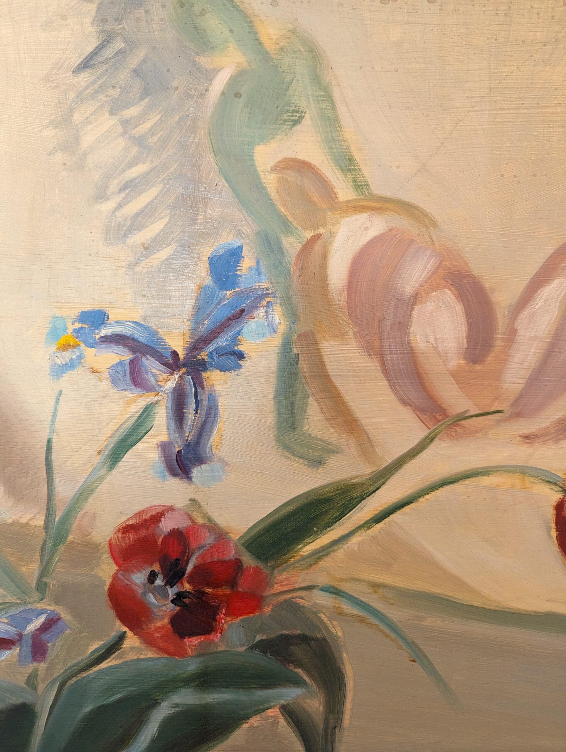 Vintage Mid-Century Modern Floral Still Life Oil Painting - Floral & Figurine For Sale 9