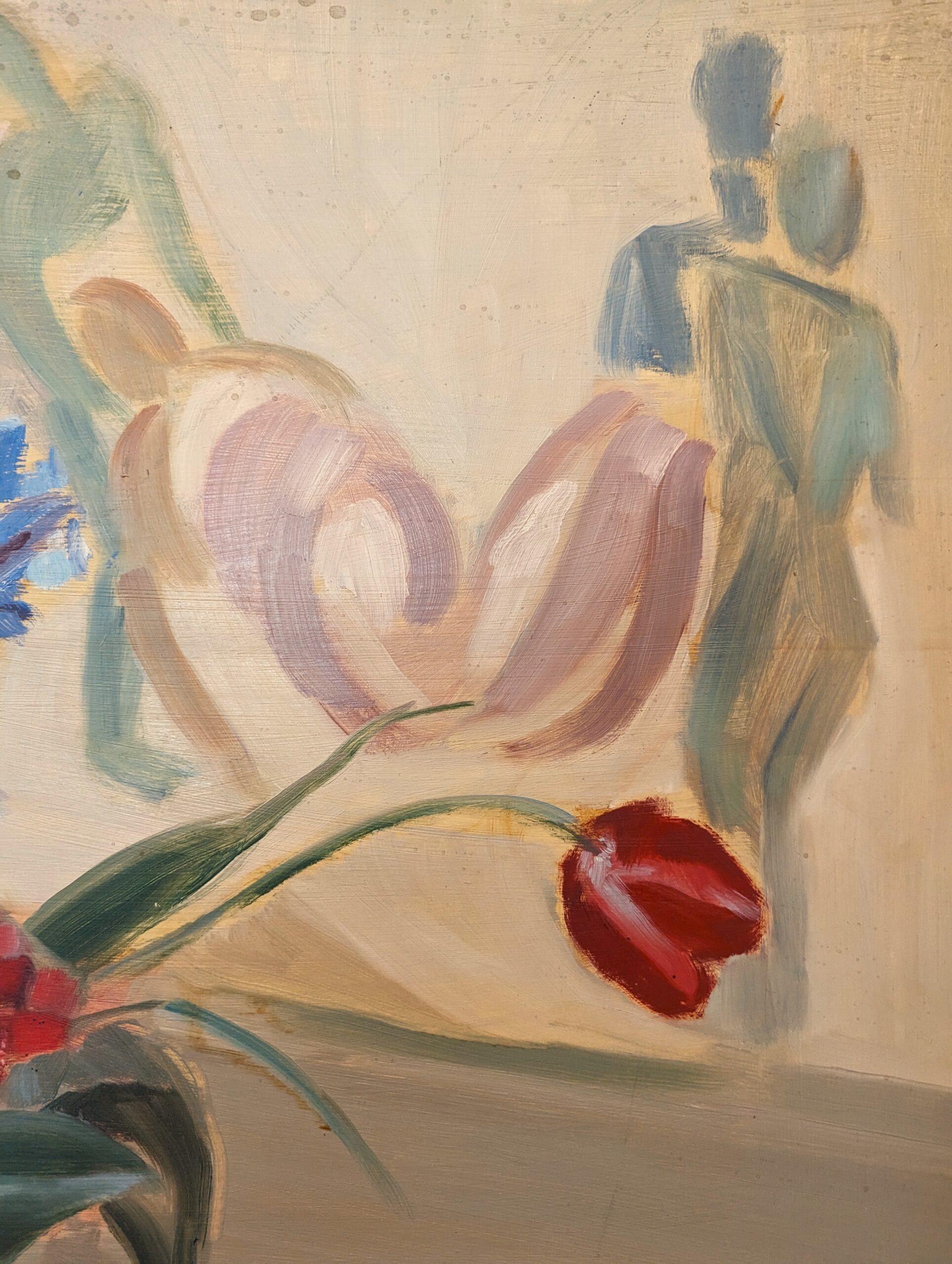 Vintage Mid-Century Modern Floral Still Life Oil Painting - Floral & Figurine For Sale 10