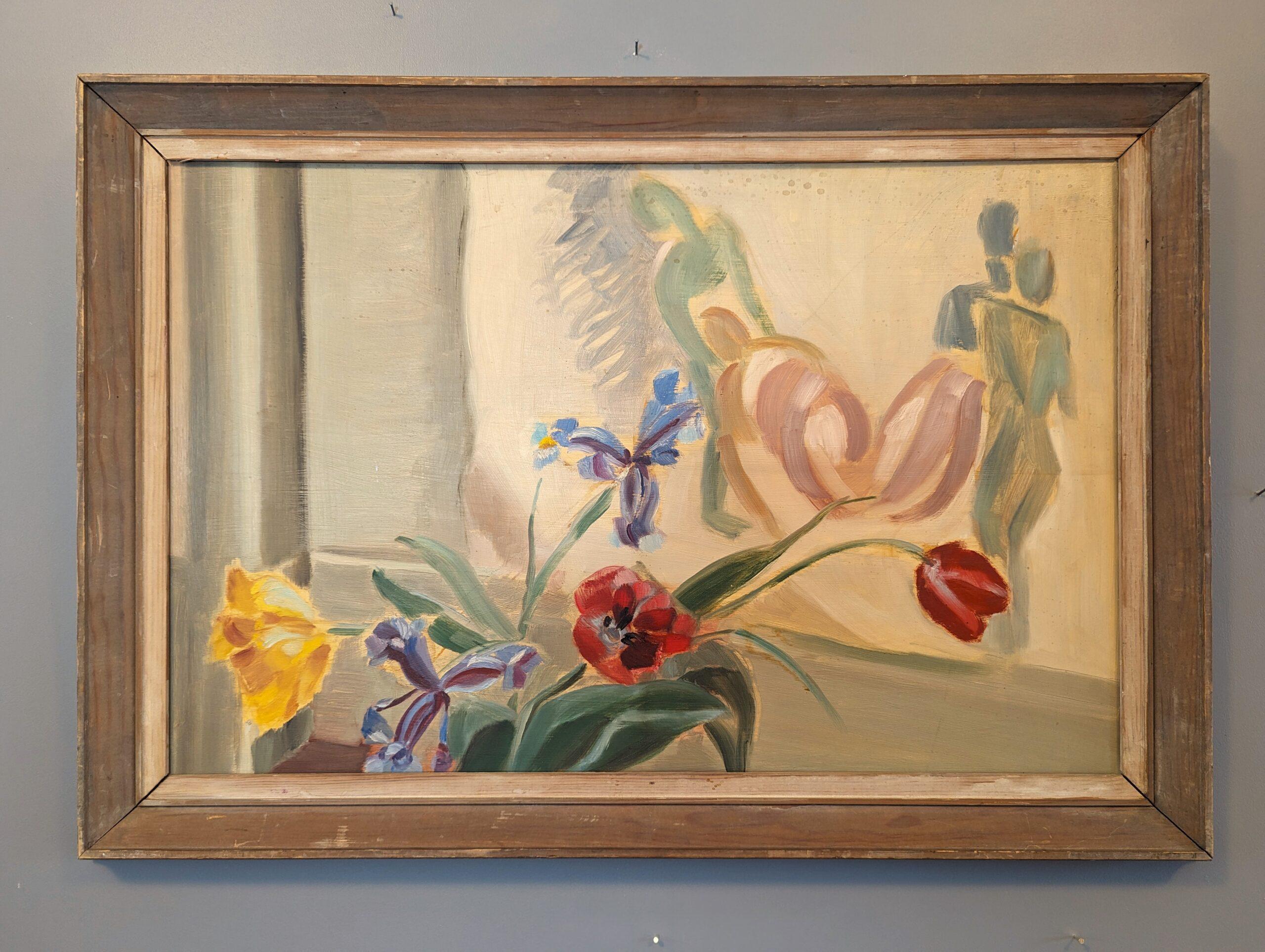 FLORAL & FIGURINE
Size: 50 x 71 cm (including frame)
Oil on Canvas

An elegant and serene mid-century still life interior scene, executed in oil on board.

The composition presents a window sill adorned with an assortment of vibrant yet delicate
