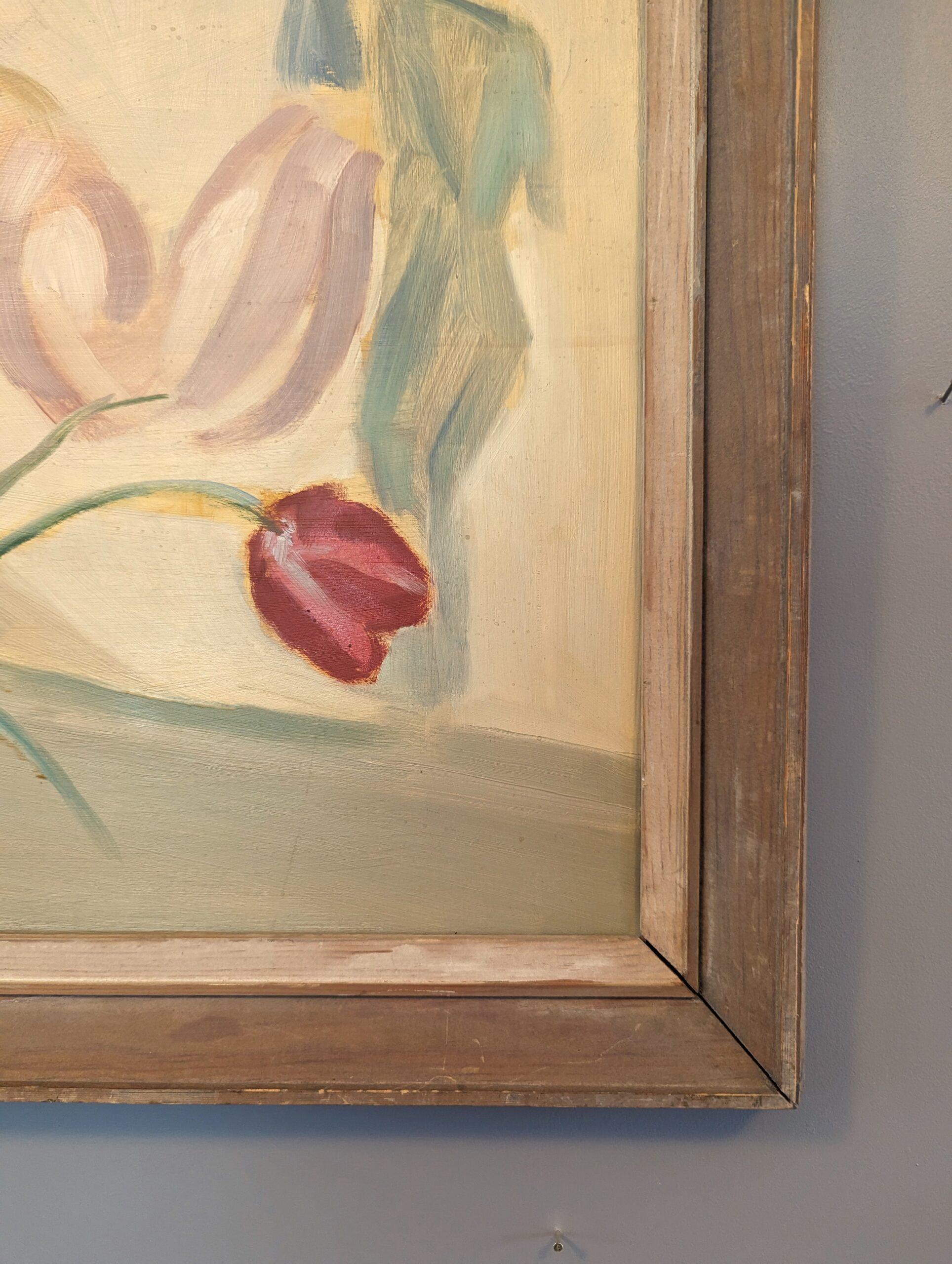 Vintage Mid-Century Modern Floral Still Life Oil Painting - Floral & Figurine For Sale 5