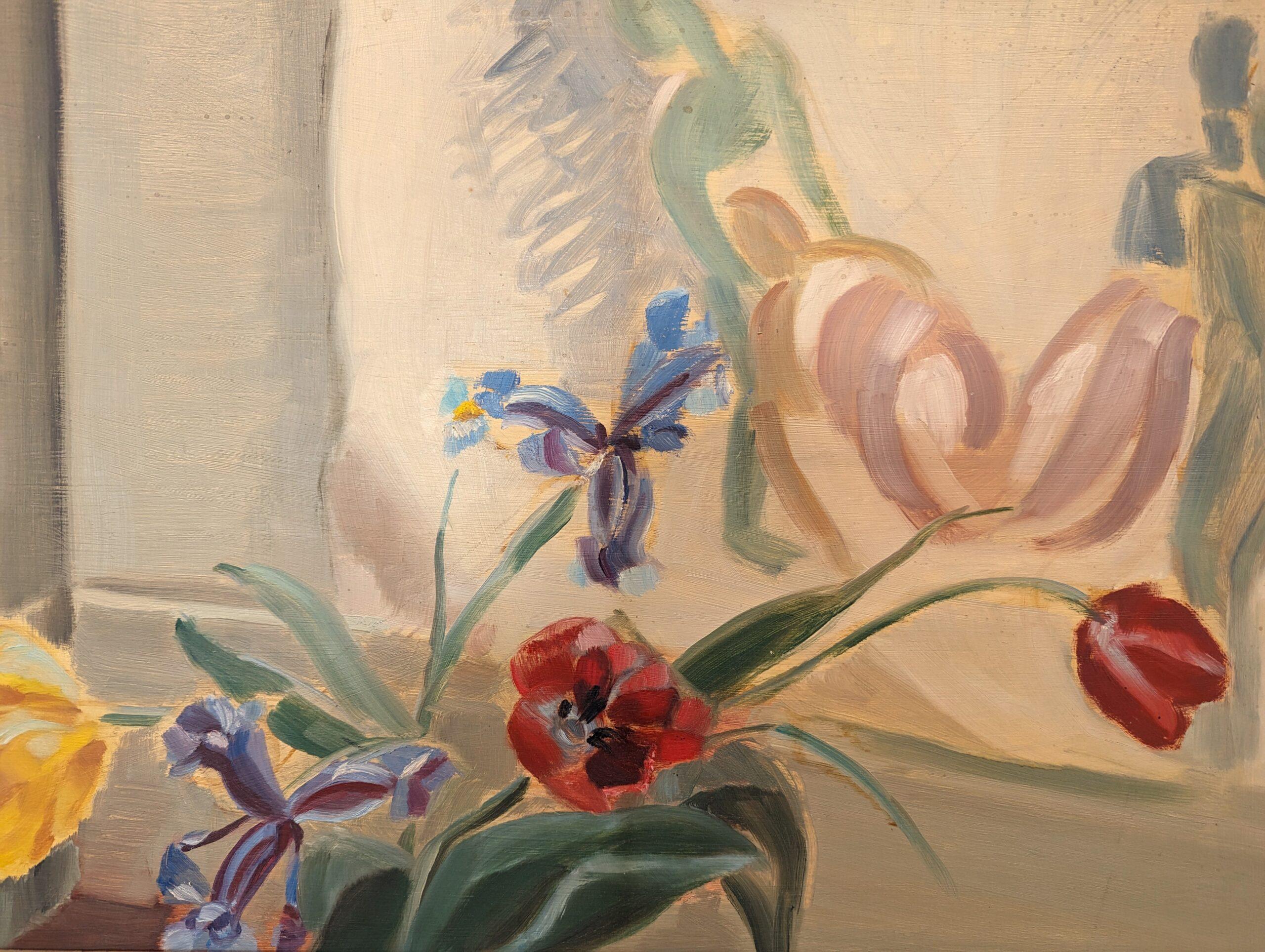 Vintage Mid-Century Modern Floral Still Life Oil Painting - Floral & Figurine For Sale 7