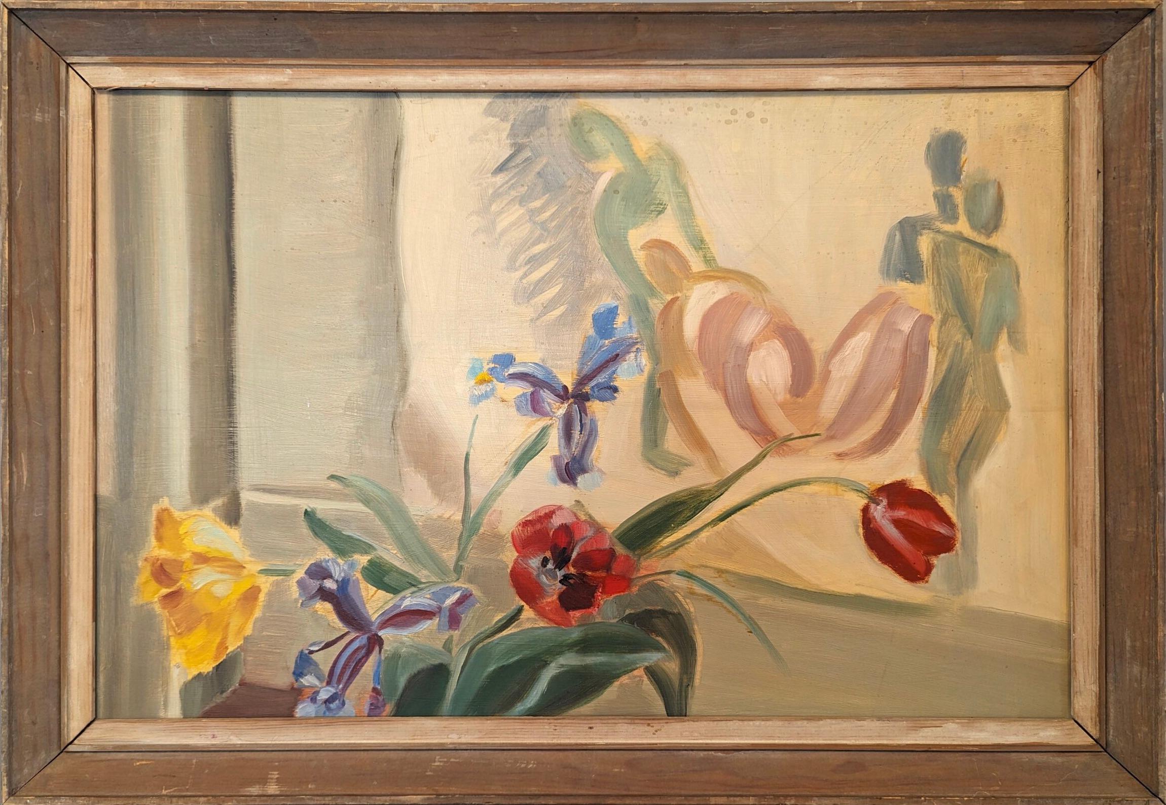 Unknown Still-Life Painting – Vintage Mid-Century Modern Floral Still Life Ölgemälde - Floral & Figurine