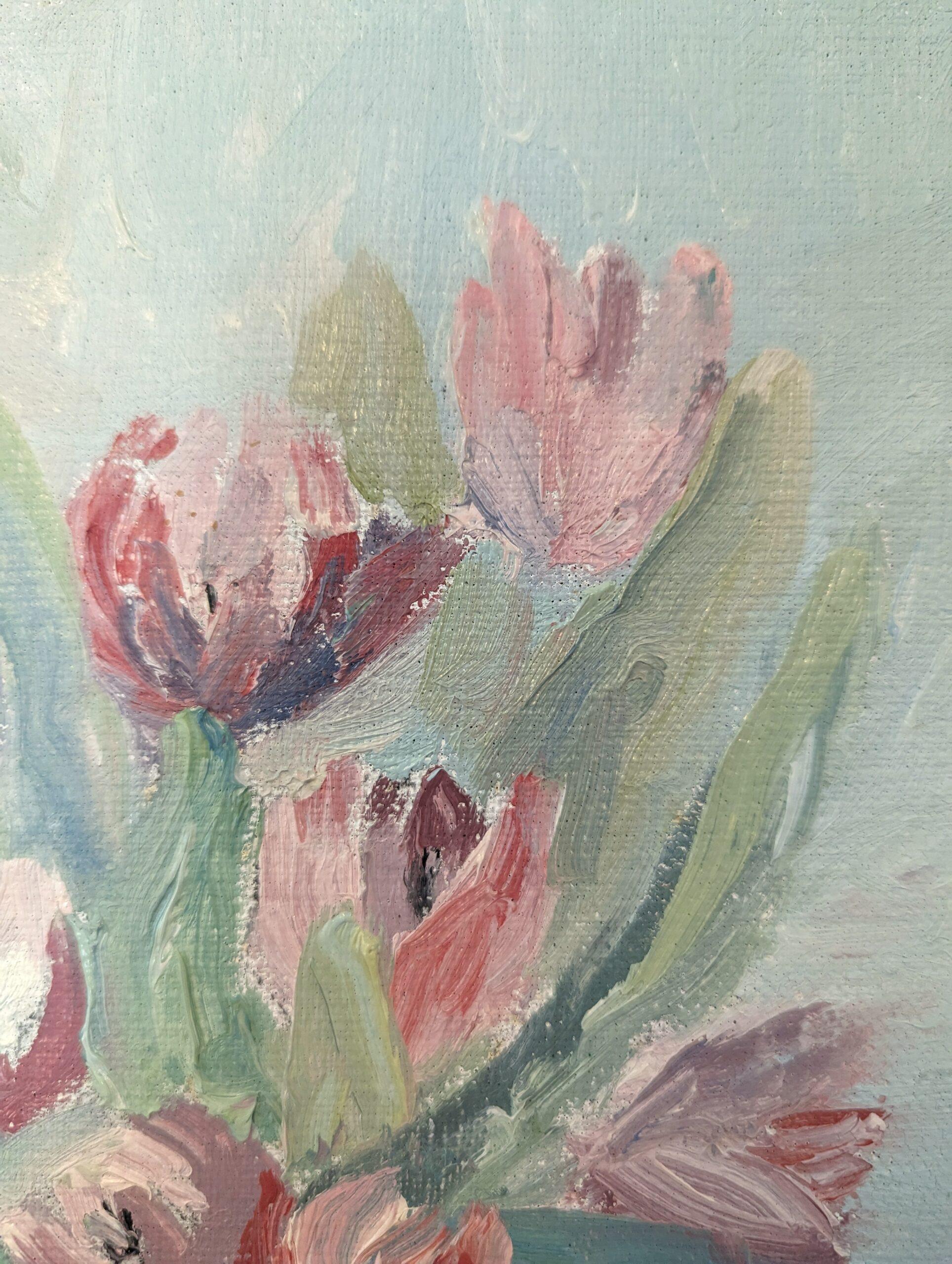 Nature morte florale à l'huile - Tulipes en pastel - Vintage Mid-Century Modern en vente 6