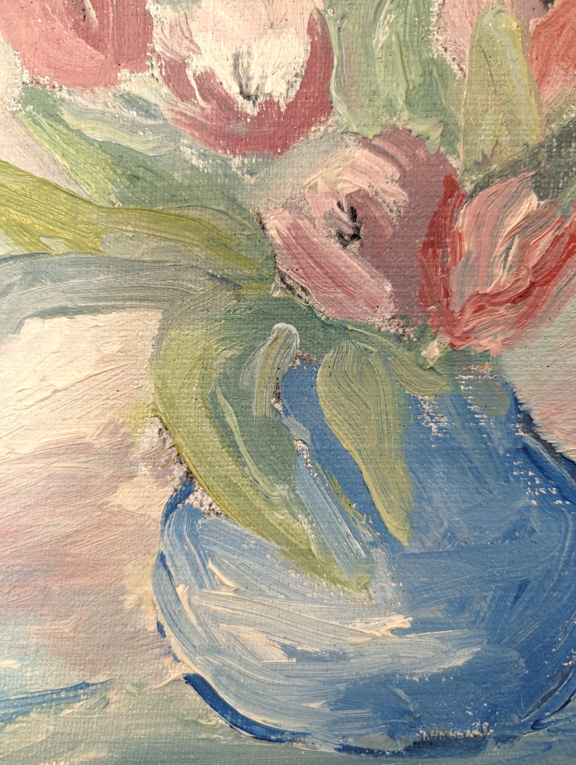 Vintage Mid-Century Modern Floral Still Life Oil Painting - Tulips in Pastel For Sale 9
