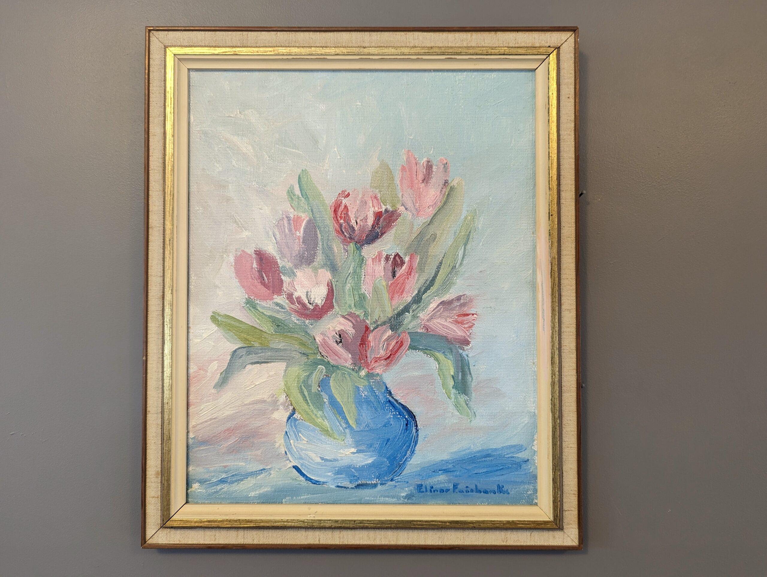 TULIPS IN PASTEL
Size: 38 x 32 cm (including frame)
Oil on canvas

A very elegant mid-century modernist floral oil composition, painted onto canvas.

In this floral piece we have light pink tulips in a blue vase, painted in an expressionist style.