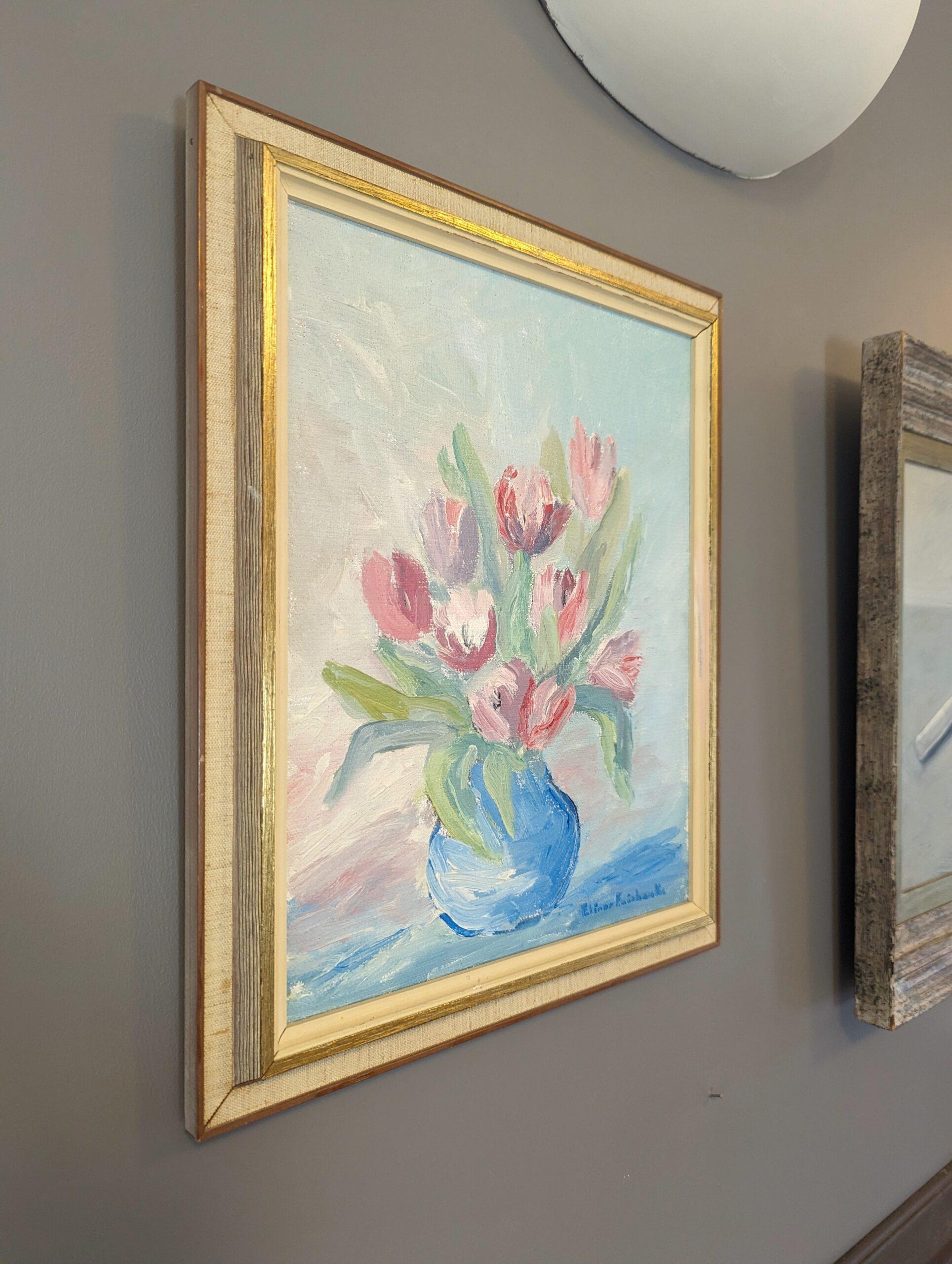 Vintage-Ölgemälde, Blumenstillleben, Vintage, Mid-Century Modern, Ölgemälde, Tulpen in Pastell (Moderne), Painting, von Unknown