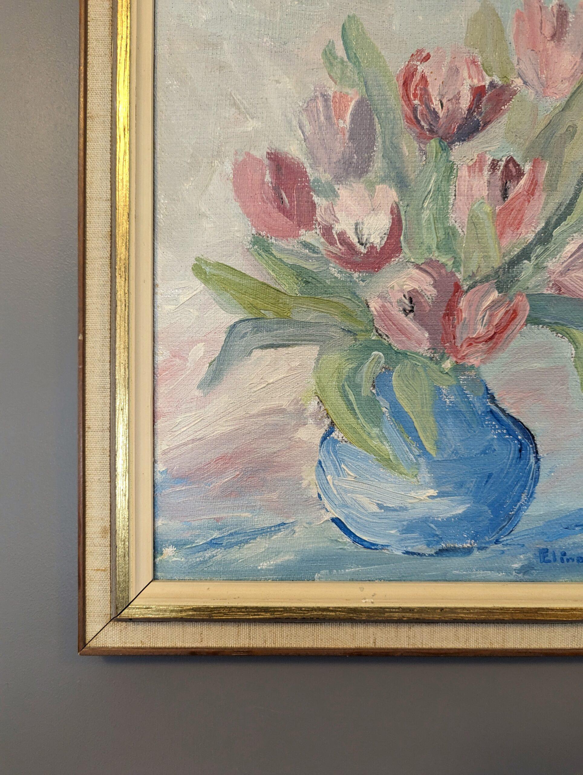 Vintage Mid-Century Modern Floral Still Life Oil Painting - Tulips in Pastel For Sale 4