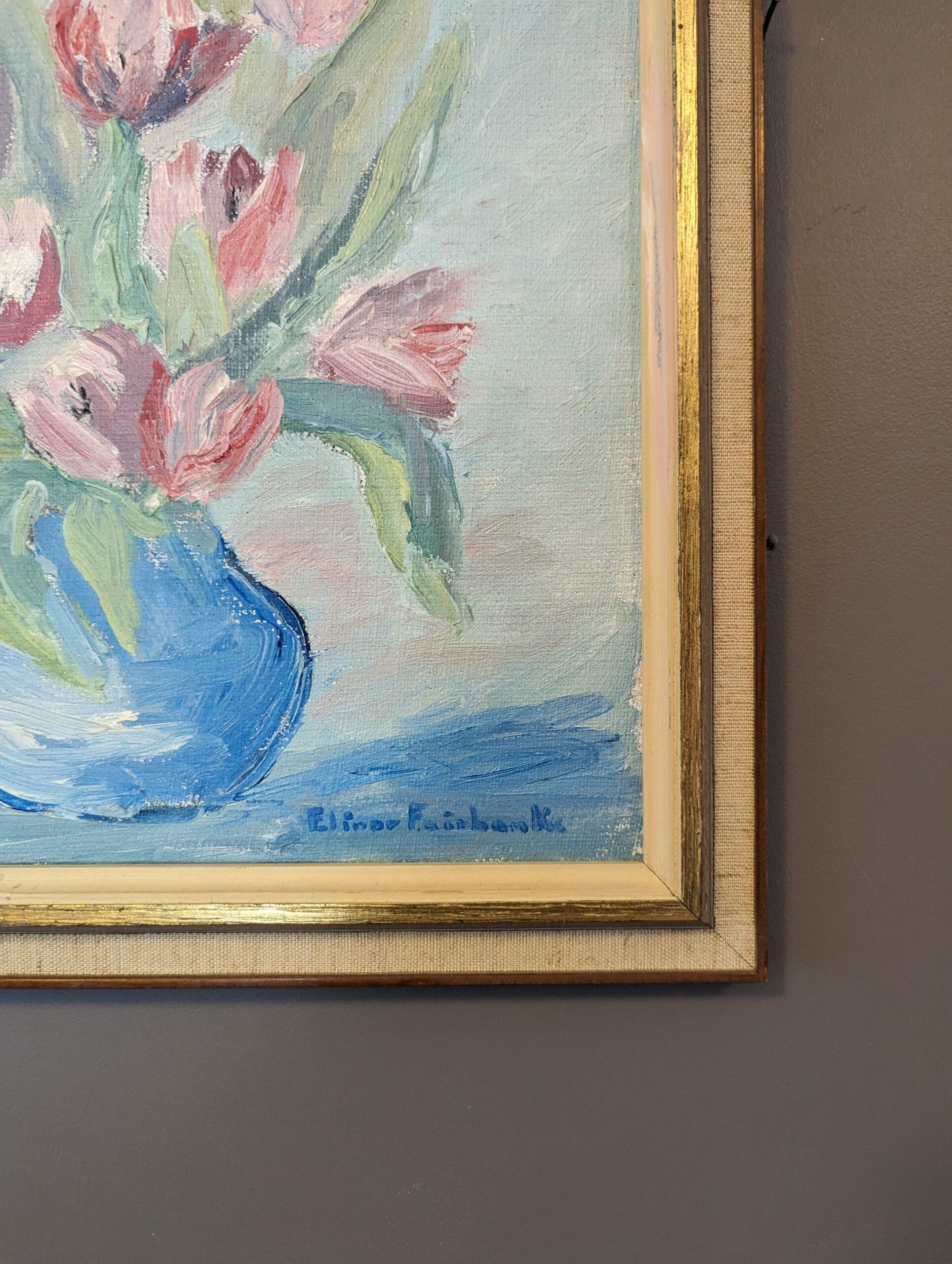 Vintage Mid-Century Modern Floral Still Life Oil Painting - Tulips in Pastel For Sale 5