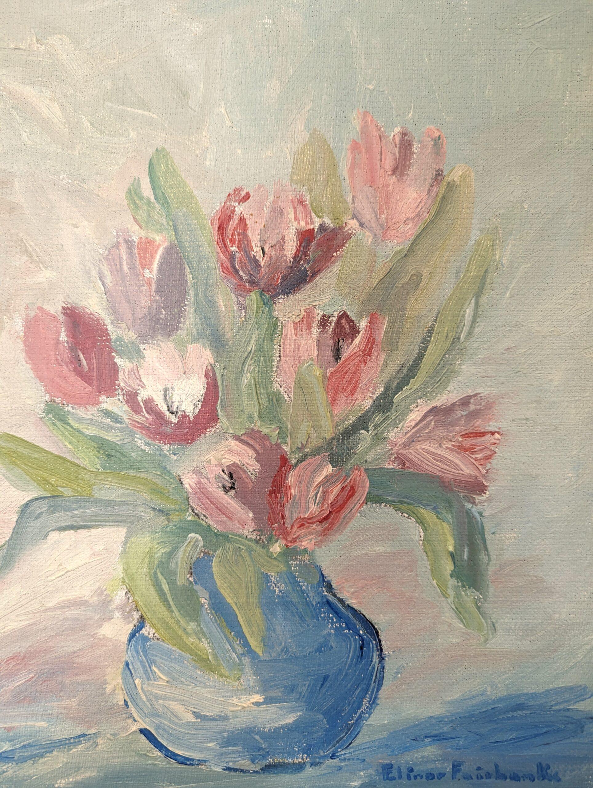 Vintage Mid-Century Modern Floral Still Life Oil Painting - Tulips in Pastel For Sale 7