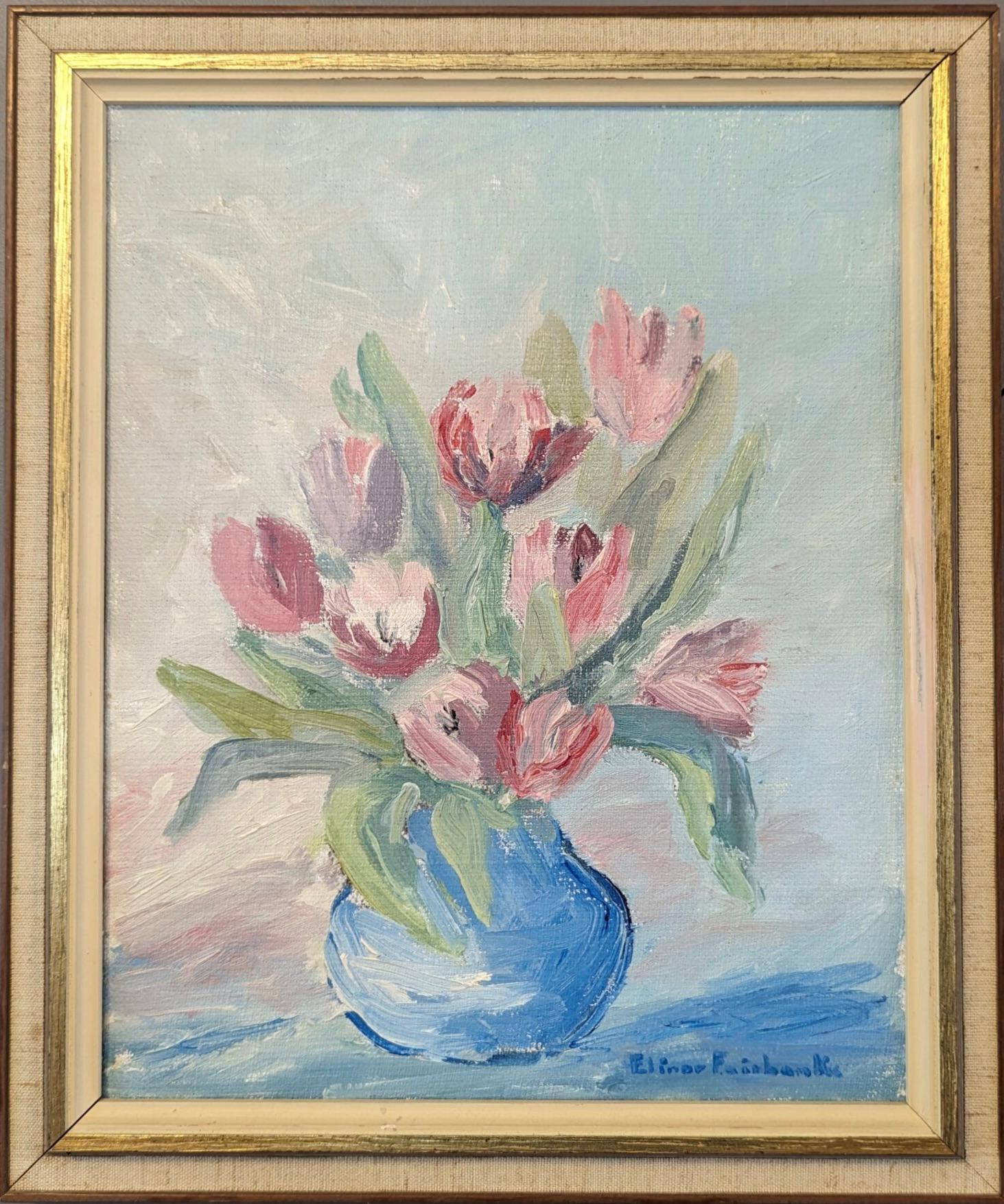Unknown Still-Life Painting - Vintage Mid-Century Modern Floral Still Life Oil Painting - Tulips in Pastel