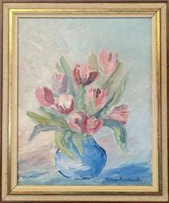 Nature morte florale à l'huile - Tulipes en pastel - Vintage Mid-Century Modern