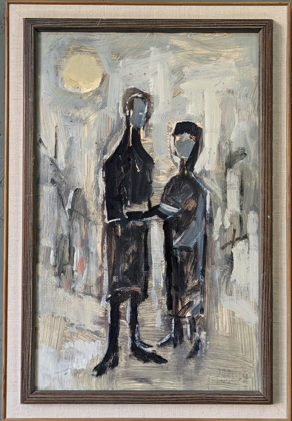 Unknown Figurative Painting - Vintage Mid-Century Modern Framed Figurative Oil Painting - Sunlight Silhouettes