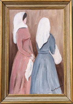 Vintage Mid-Century Modern Framed Figurative Oil Painting - Two Ladies