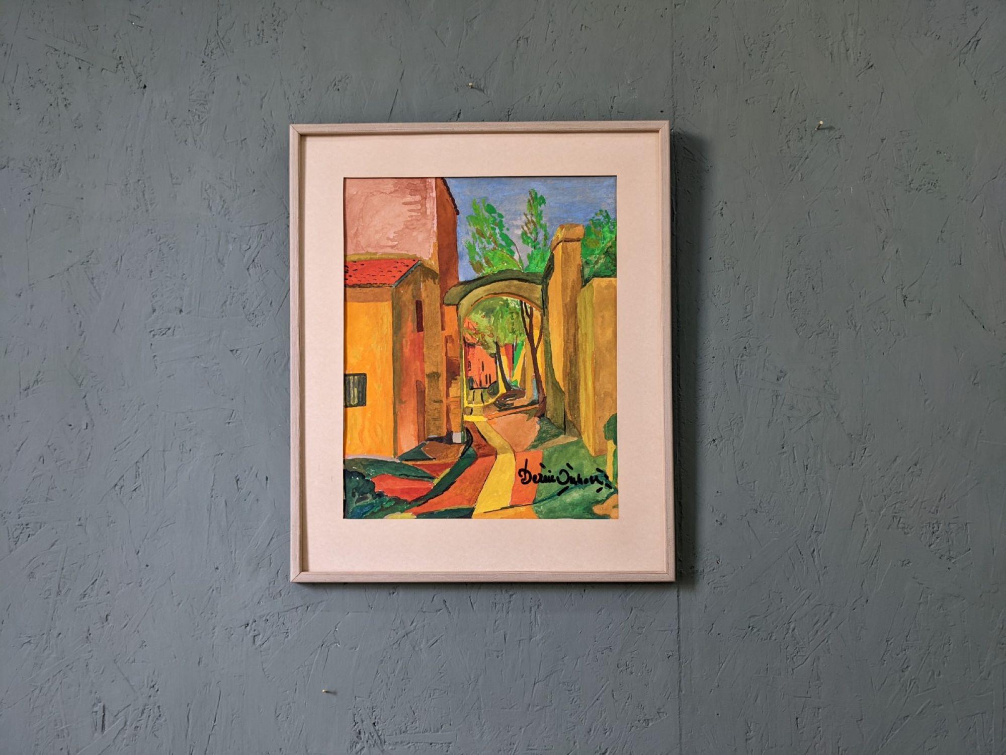 Vintage Mid-Century Modern Framed Street Scene - The Pathway, Watercolour For Sale 7