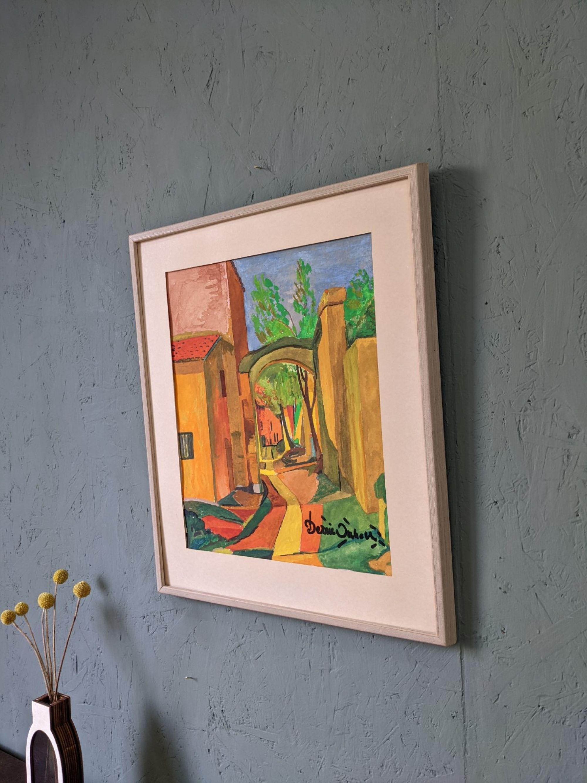 Vintage Mid-Century Modern Framed Street Scene - The Pathway, Watercolour - Expressionist Painting by Unknown