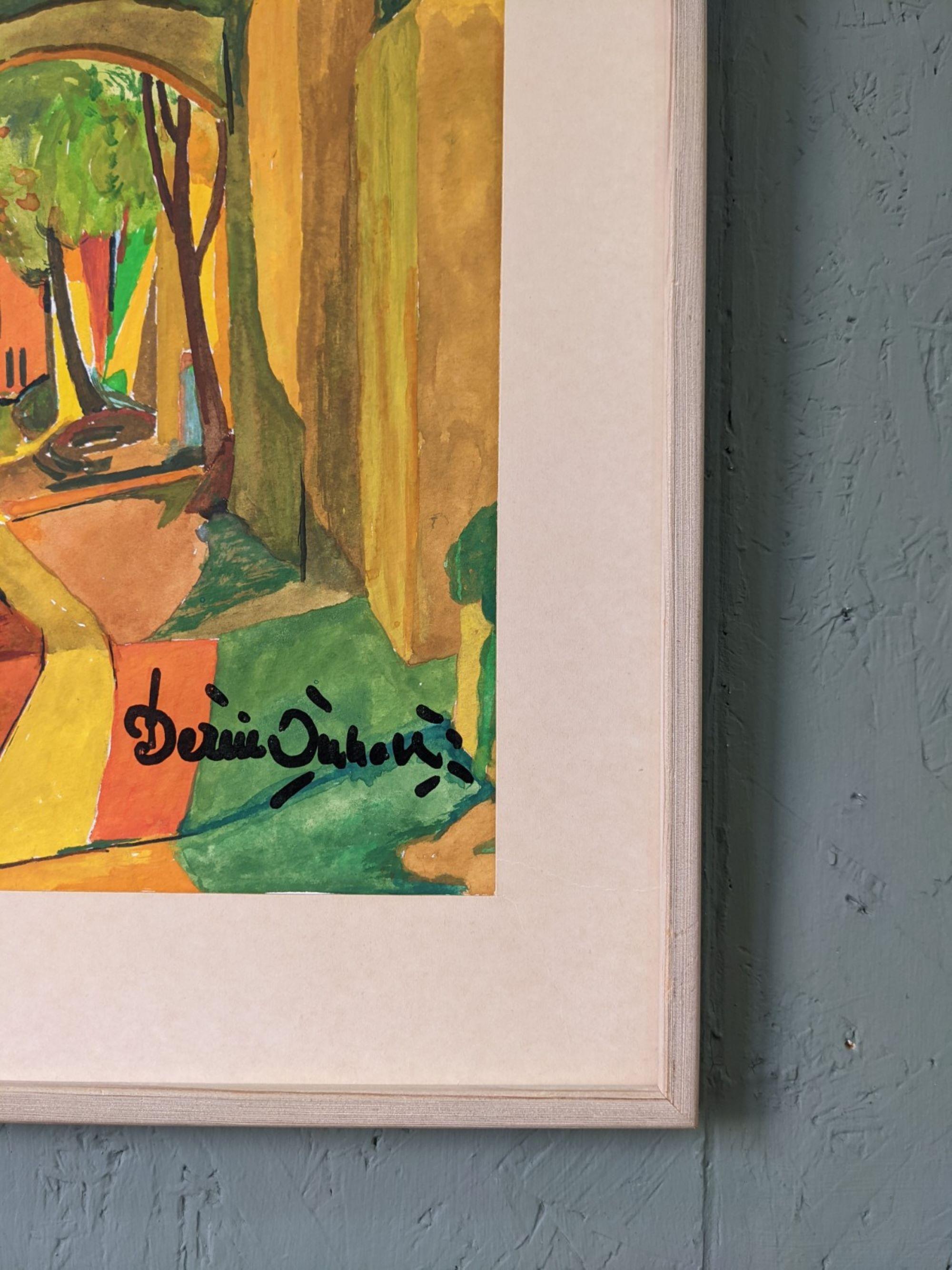 Vintage Mid-Century Modern Framed Street Scene - The Pathway, Watercolour - Brown Landscape Painting by Unknown