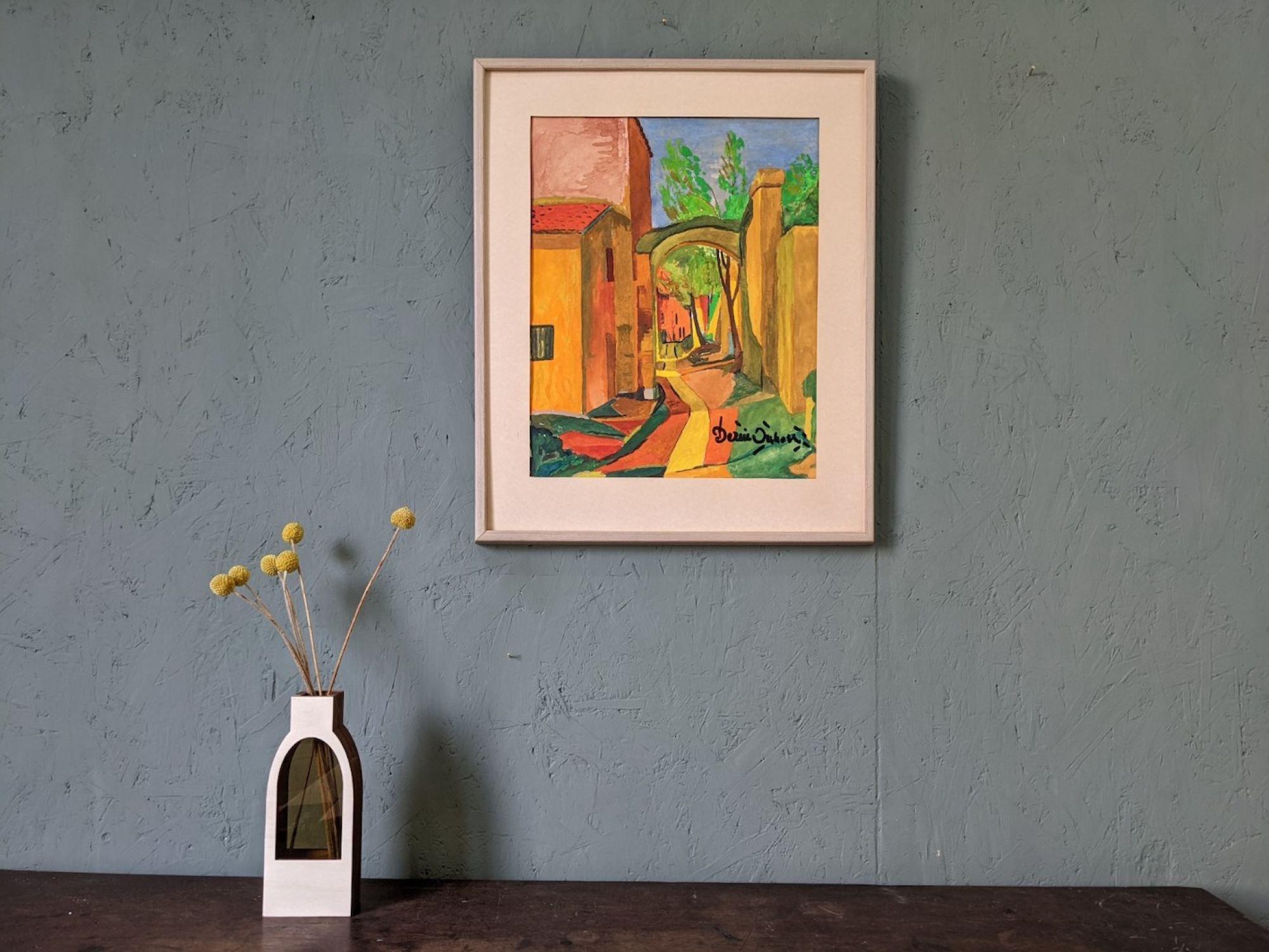 Vintage Mid-Century Modern Framed Street Scene - The Pathway, Watercolour For Sale 2