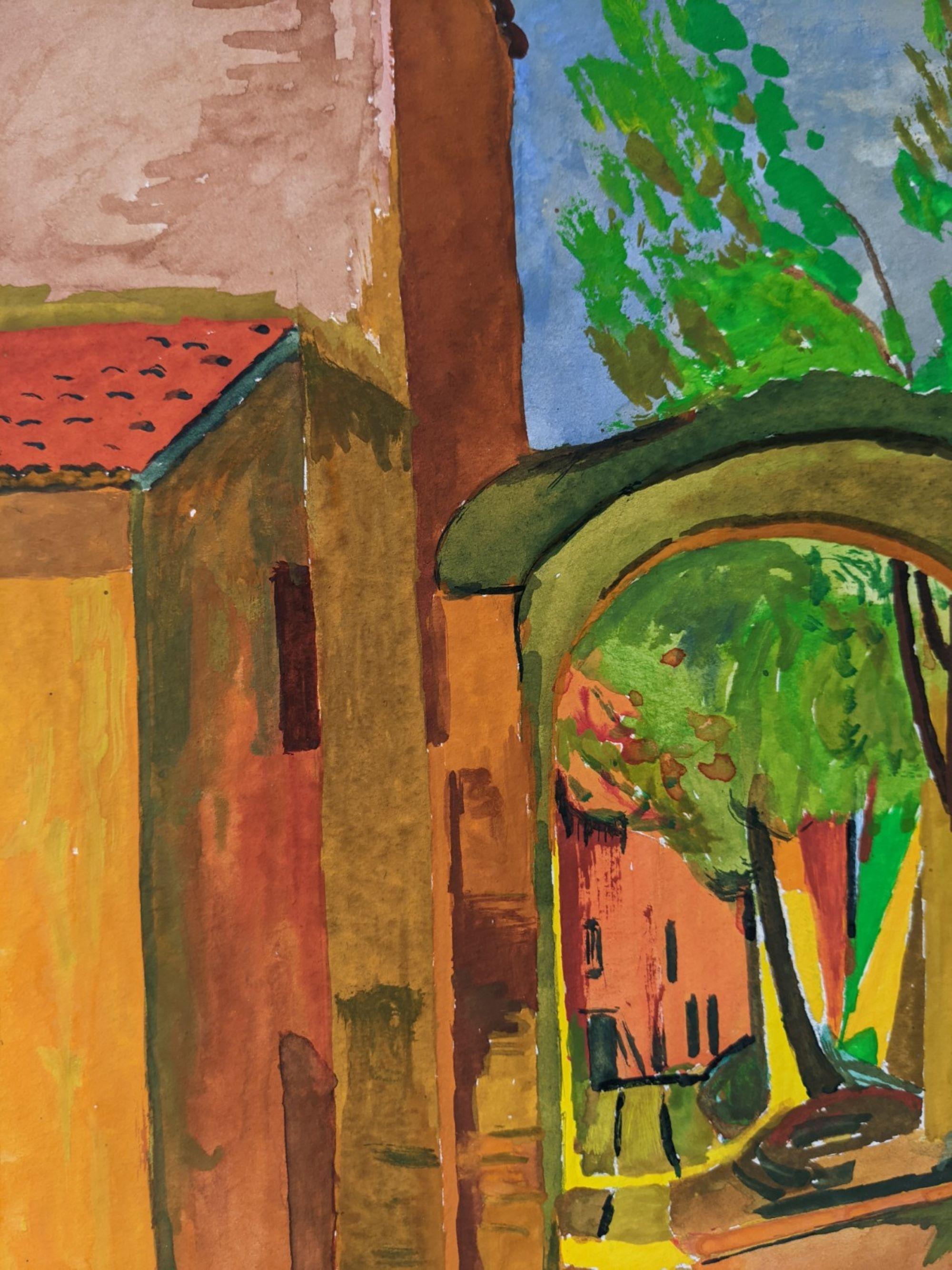 Gerahmte Straßenszene der Moderne der Mitte des Jahrhunderts – The Pathway, Aquarell im Angebot 4