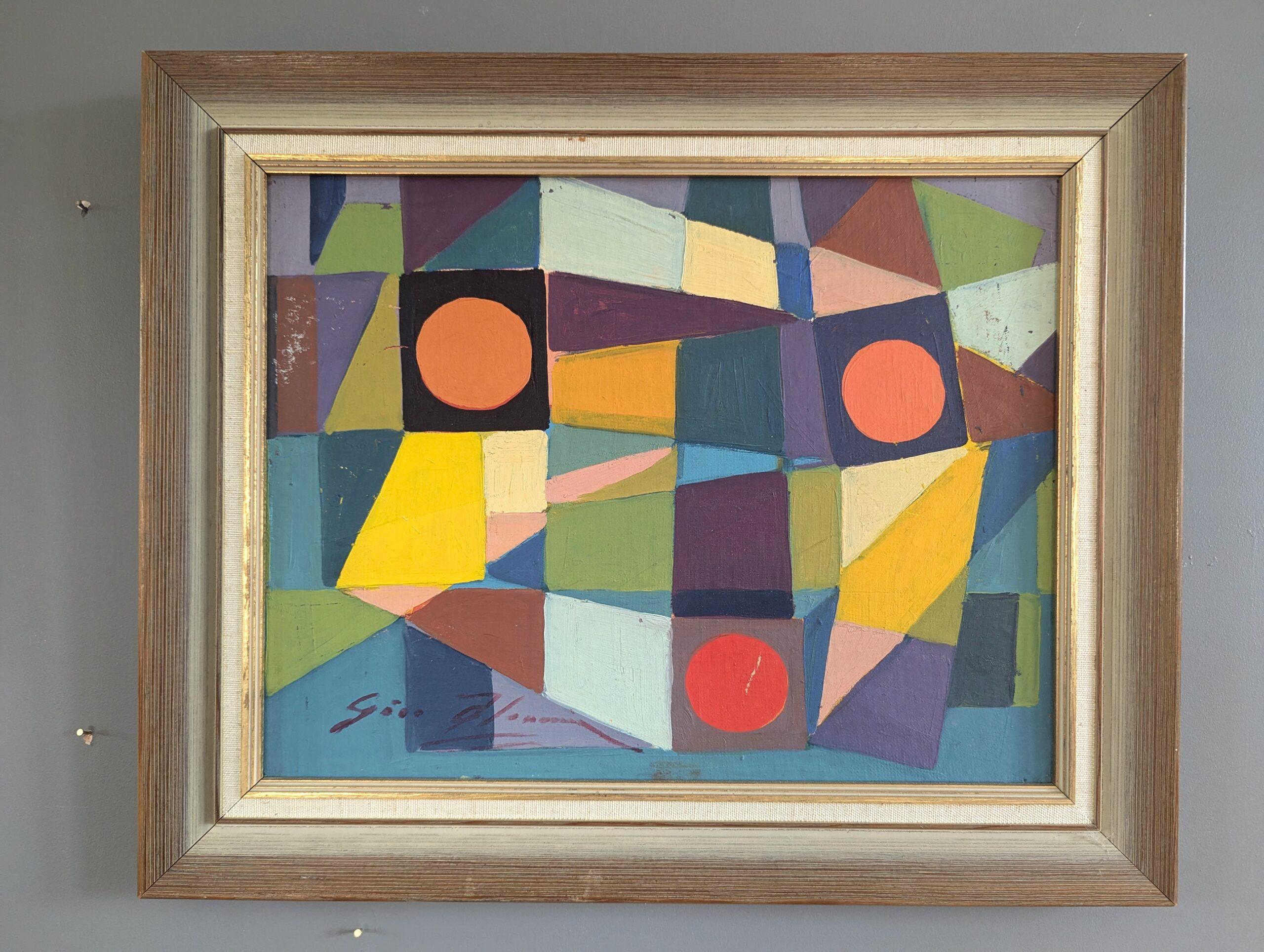 Pittura ad olio astratta geometrica d'epoca della metà del secolo scorso - Mosaico modernista - Painting di Unknown