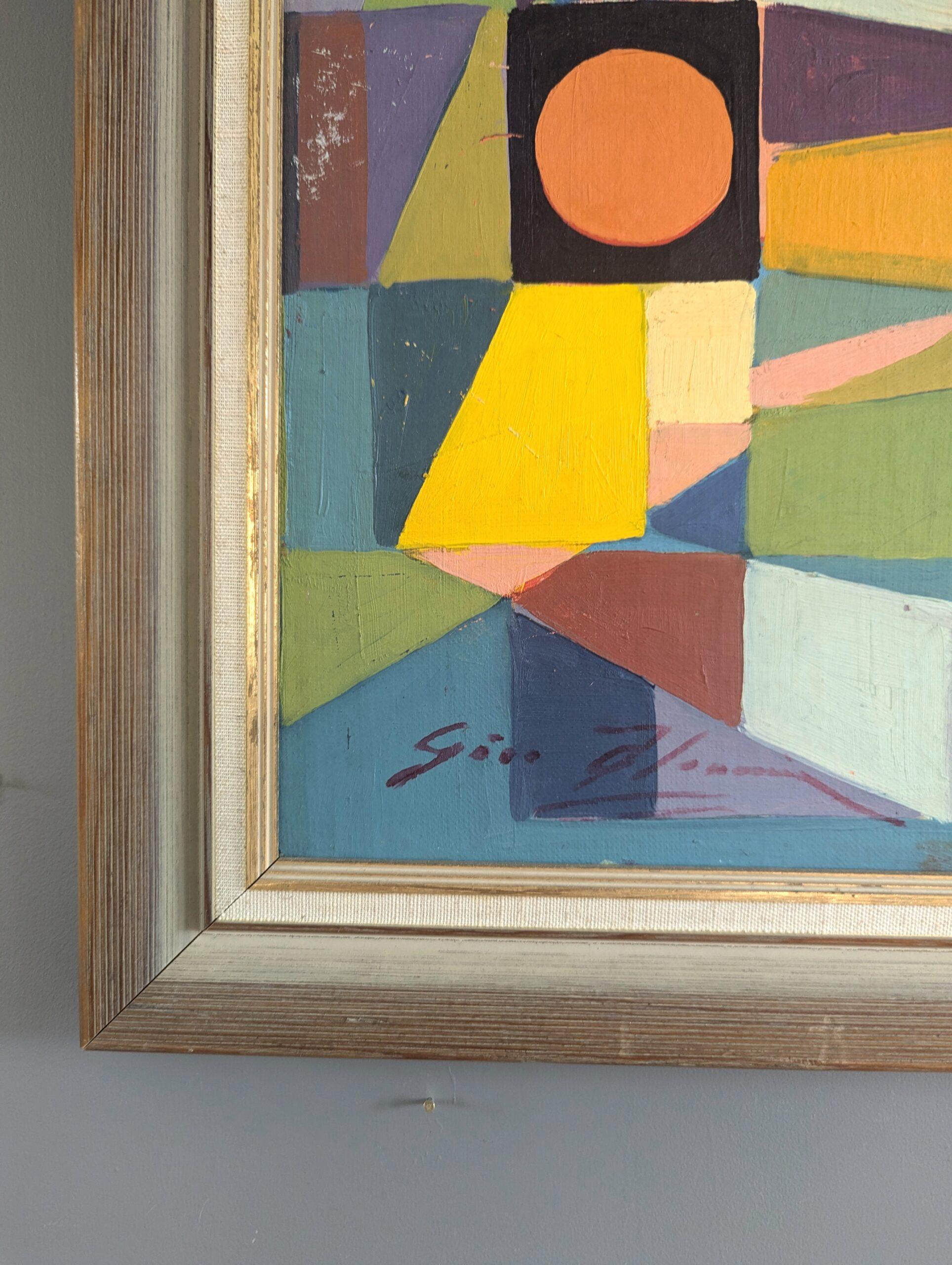 Pittura ad olio astratta geometrica d'epoca della metà del secolo scorso - Mosaico modernista in vendita 2