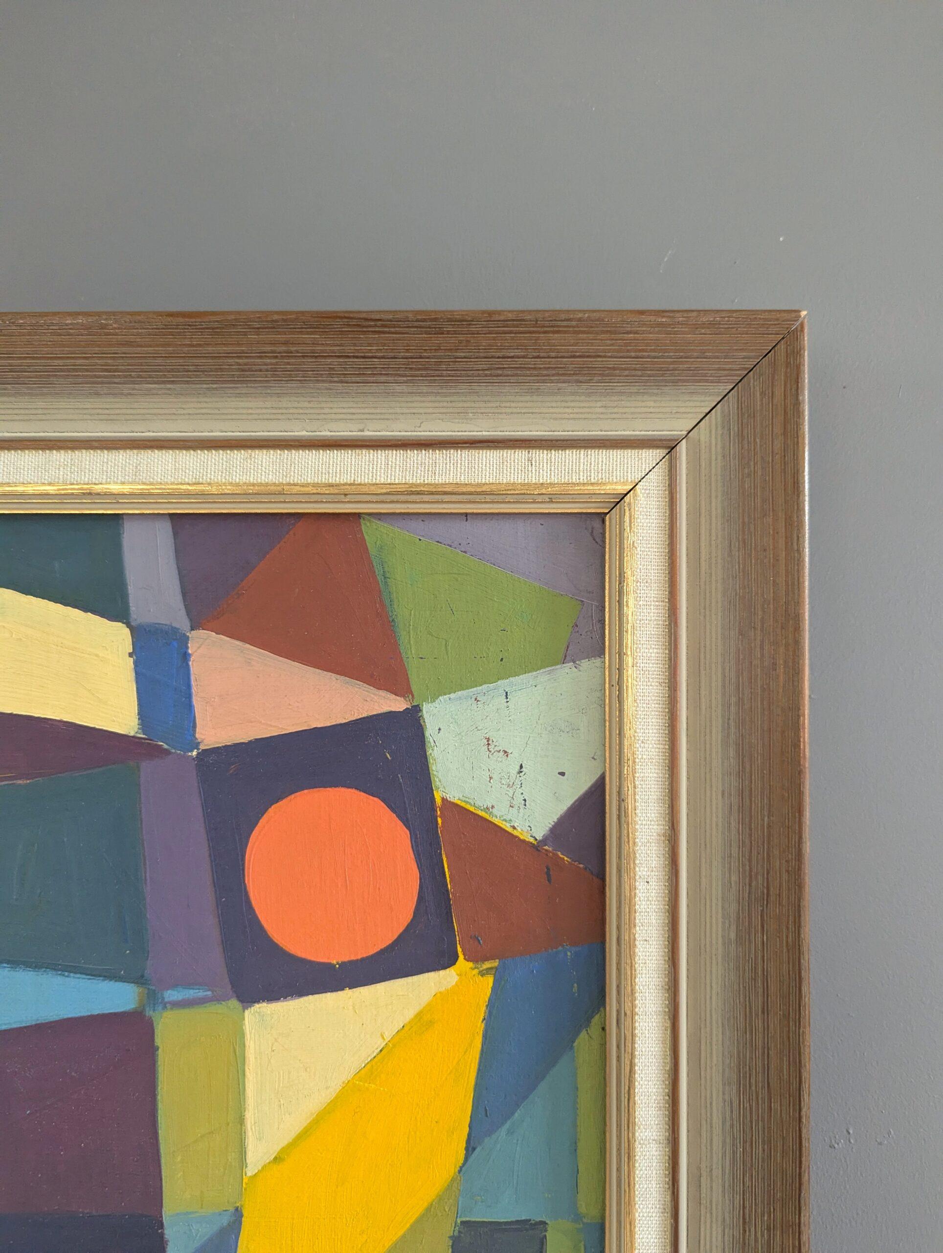 Pittura ad olio astratta geometrica d'epoca della metà del secolo scorso - Mosaico modernista in vendita 3