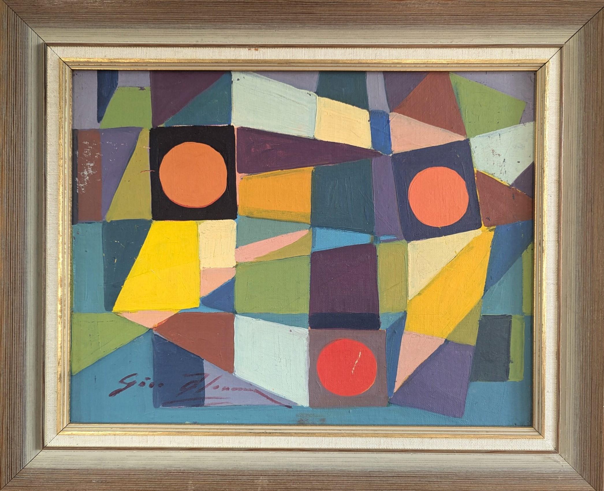 Abstract Painting di Unknown - Pittura ad olio astratta geometrica d'epoca della metà del secolo scorso - Mosaico modernista