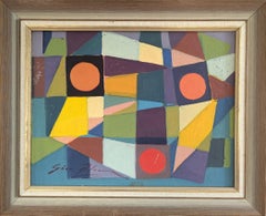 Vintage Mid Century Modern Geometric Abstract Oil Painting - Modernist Mosaic