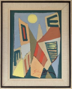 Vintage Mid Century Modern Geometric Abstract Oil Painting - Sun and Structures