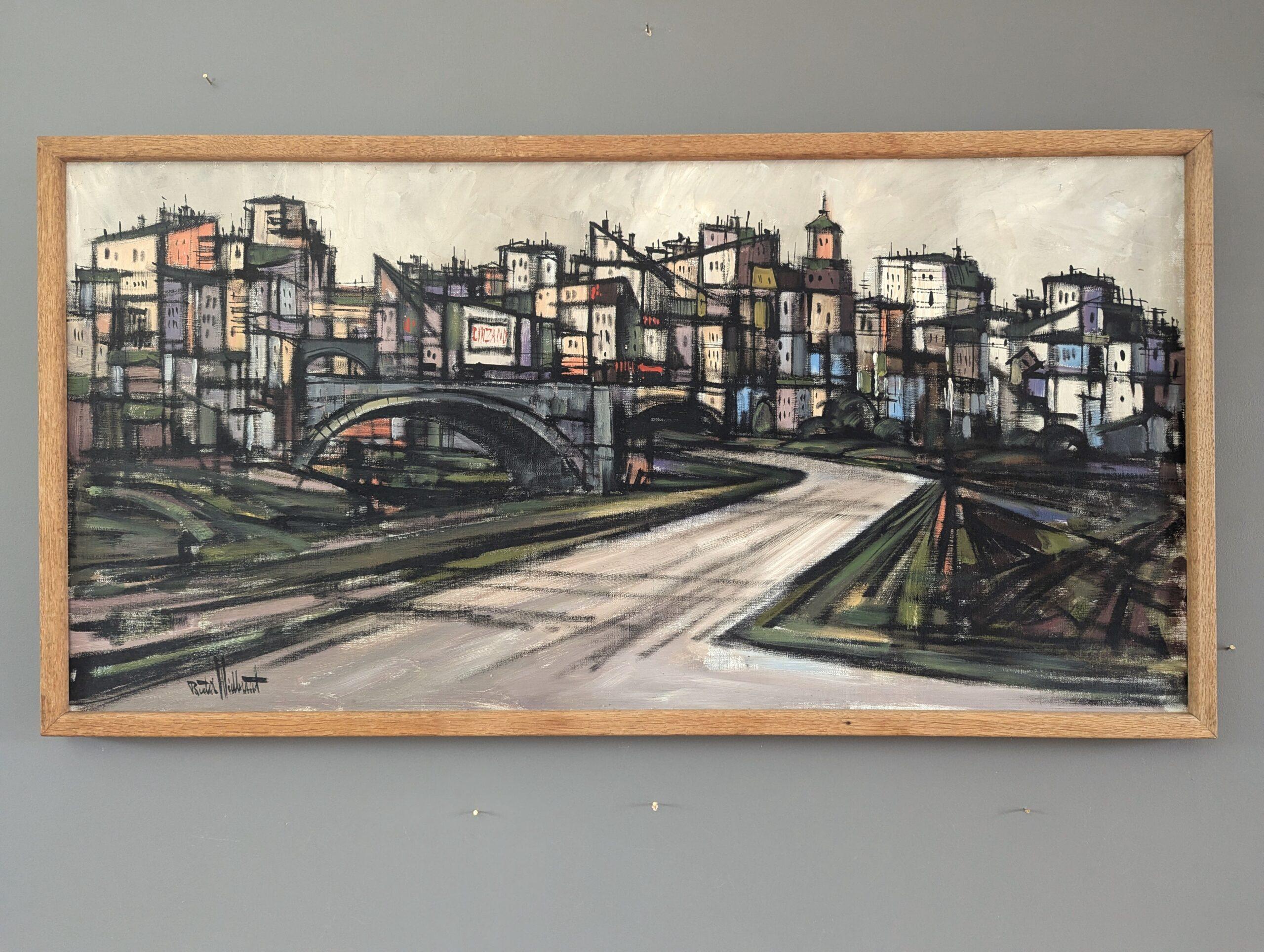 Vintage Mid-Century Modern Geometric Landscape Oil Painting -Cityscape in Motion For Sale 1