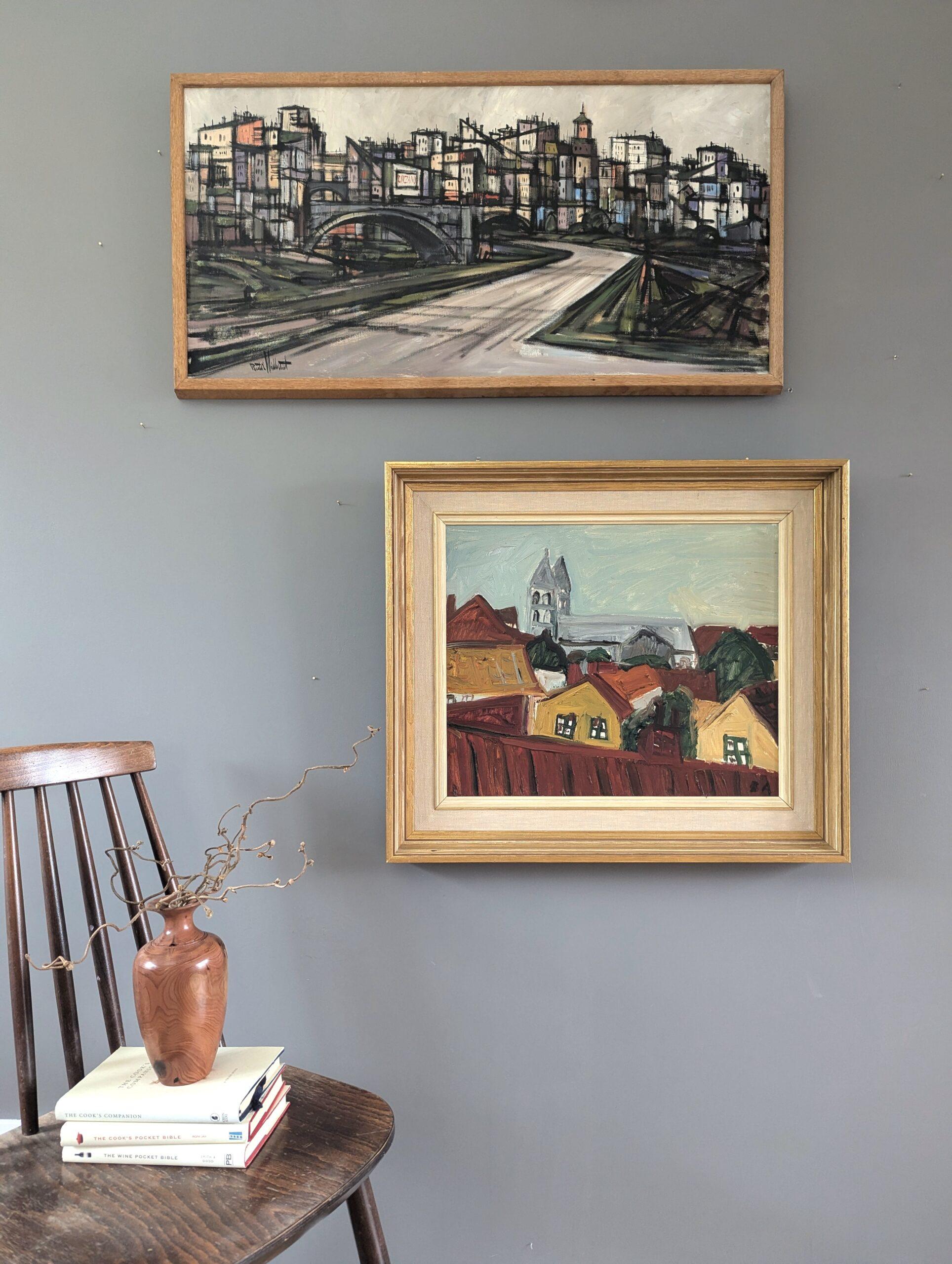 Vintage Mid-Century Modern Geometric Landscape Oil Painting -Cityscape in Motion For Sale 2