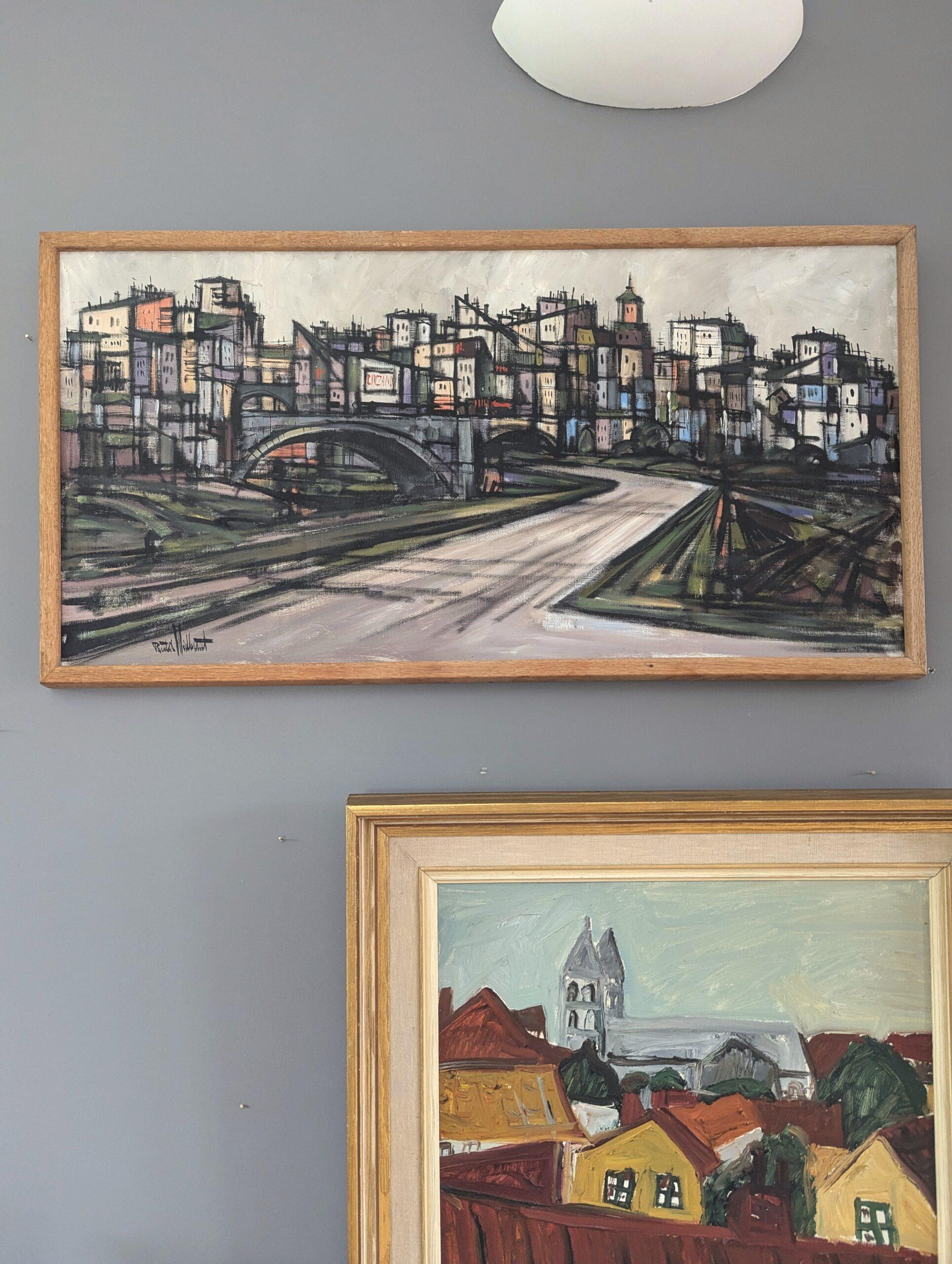 Vintage Mid-Century Modern Geometric Landscape Oil Painting -Cityscape in Motion For Sale 3