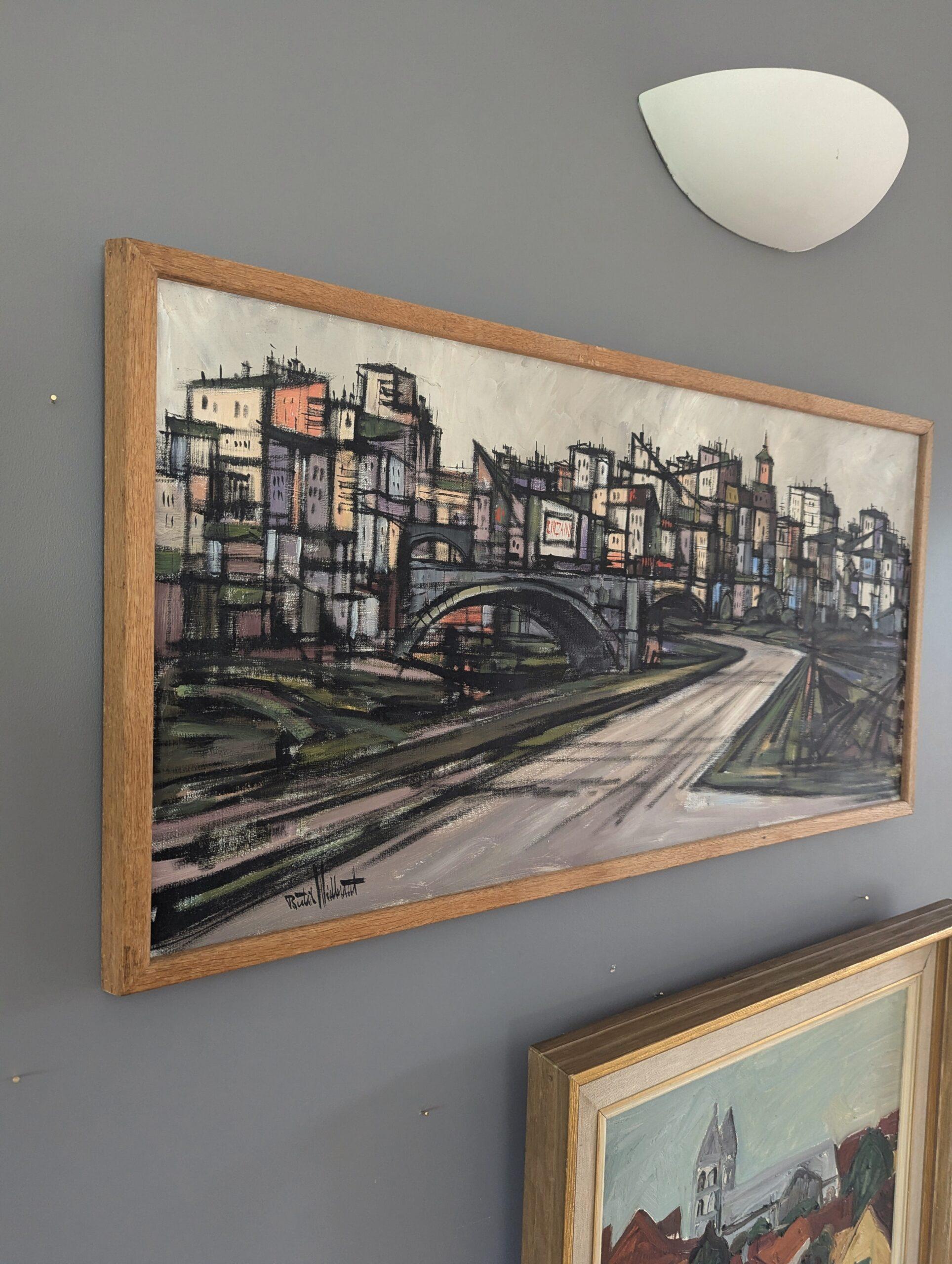 Vintage Mid-Century Modern Geometric Landscape Oil Painting -Cityscape in Motion For Sale 4