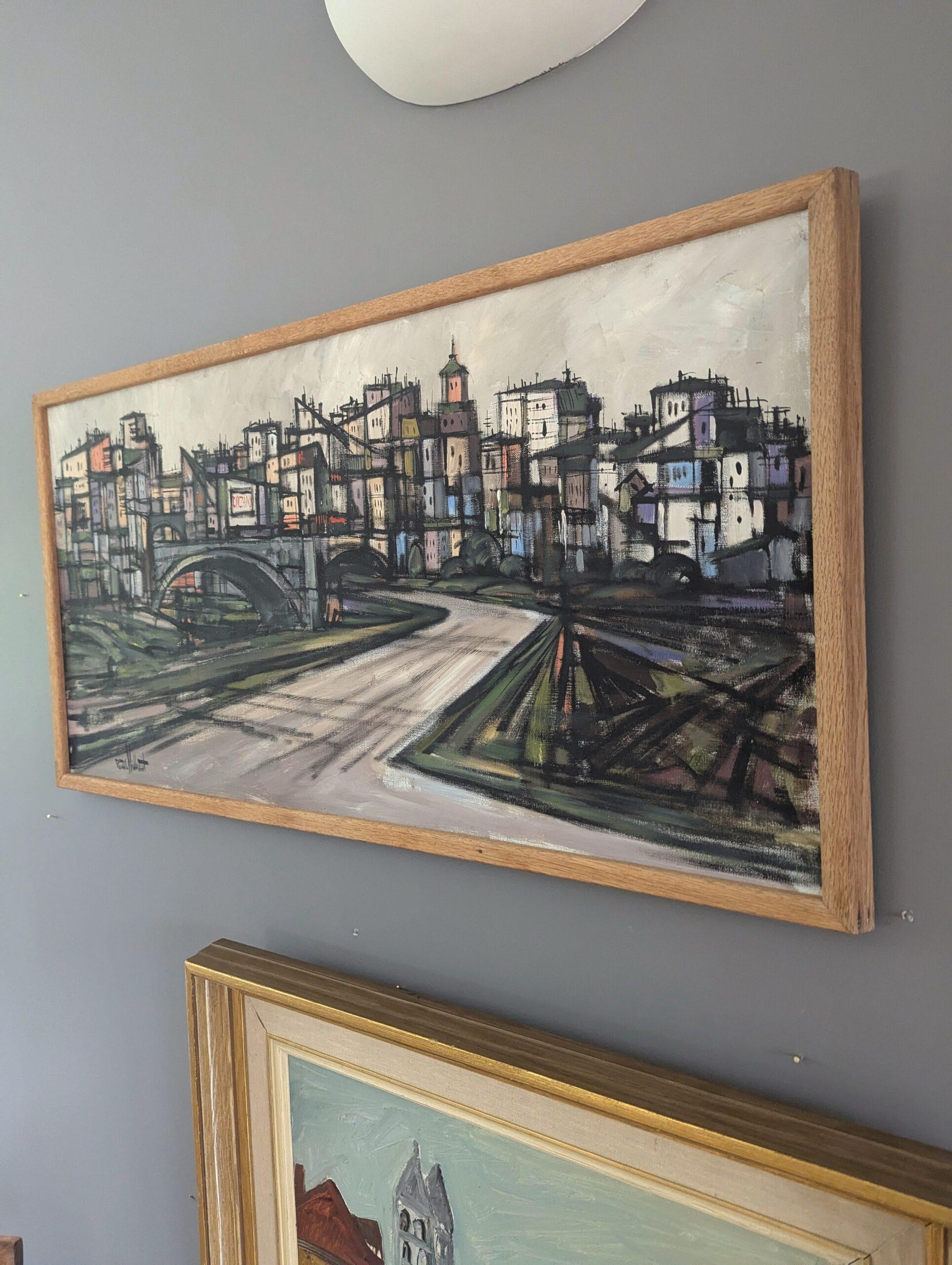 Vintage Mid-Century Modern Geometric Landscape Oil Painting -Cityscape in Motion For Sale 5