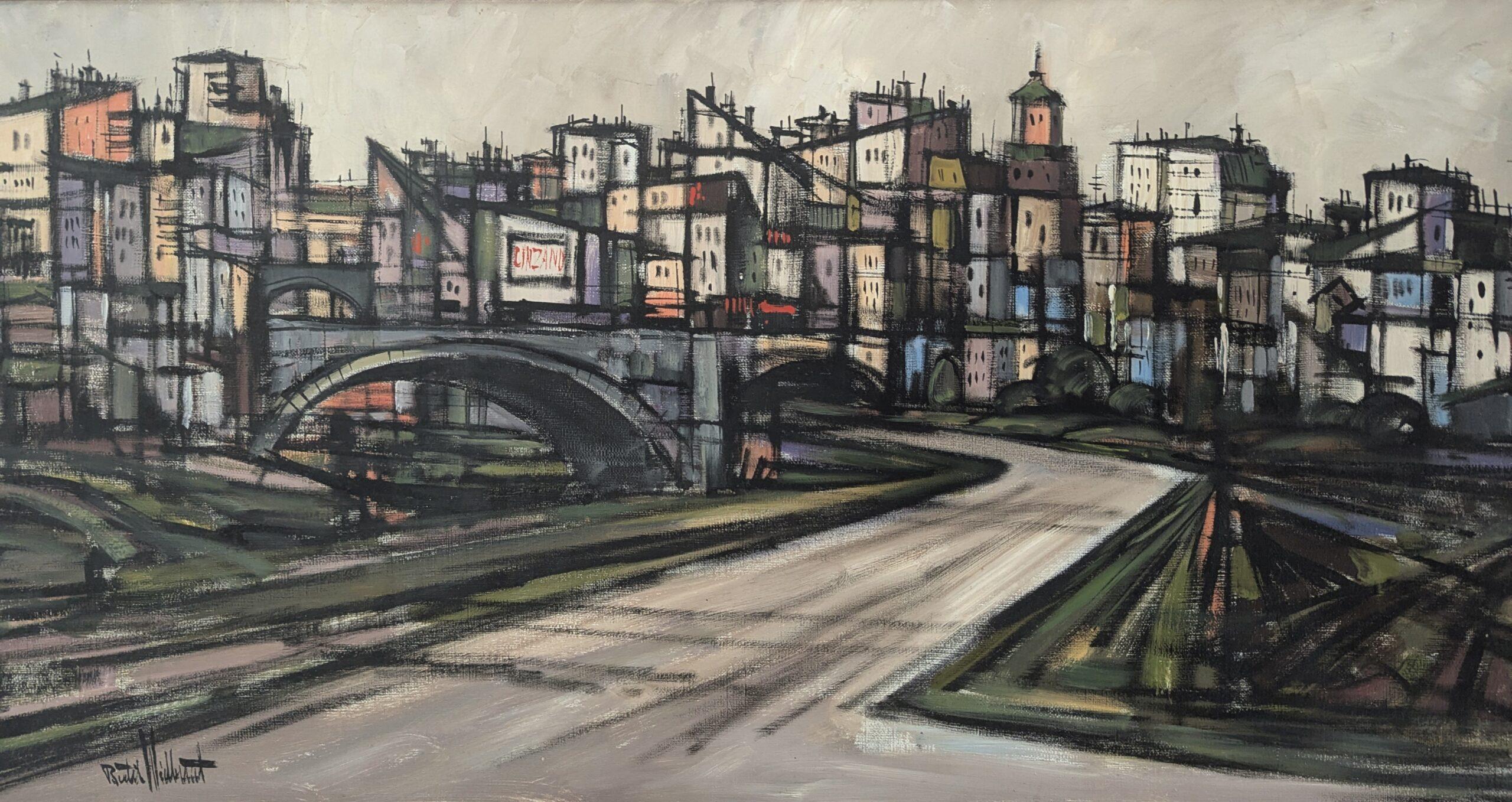 Vintage Mid-Century Modern Geometric Landscape Oil Painting -Cityscape in Motion For Sale 6