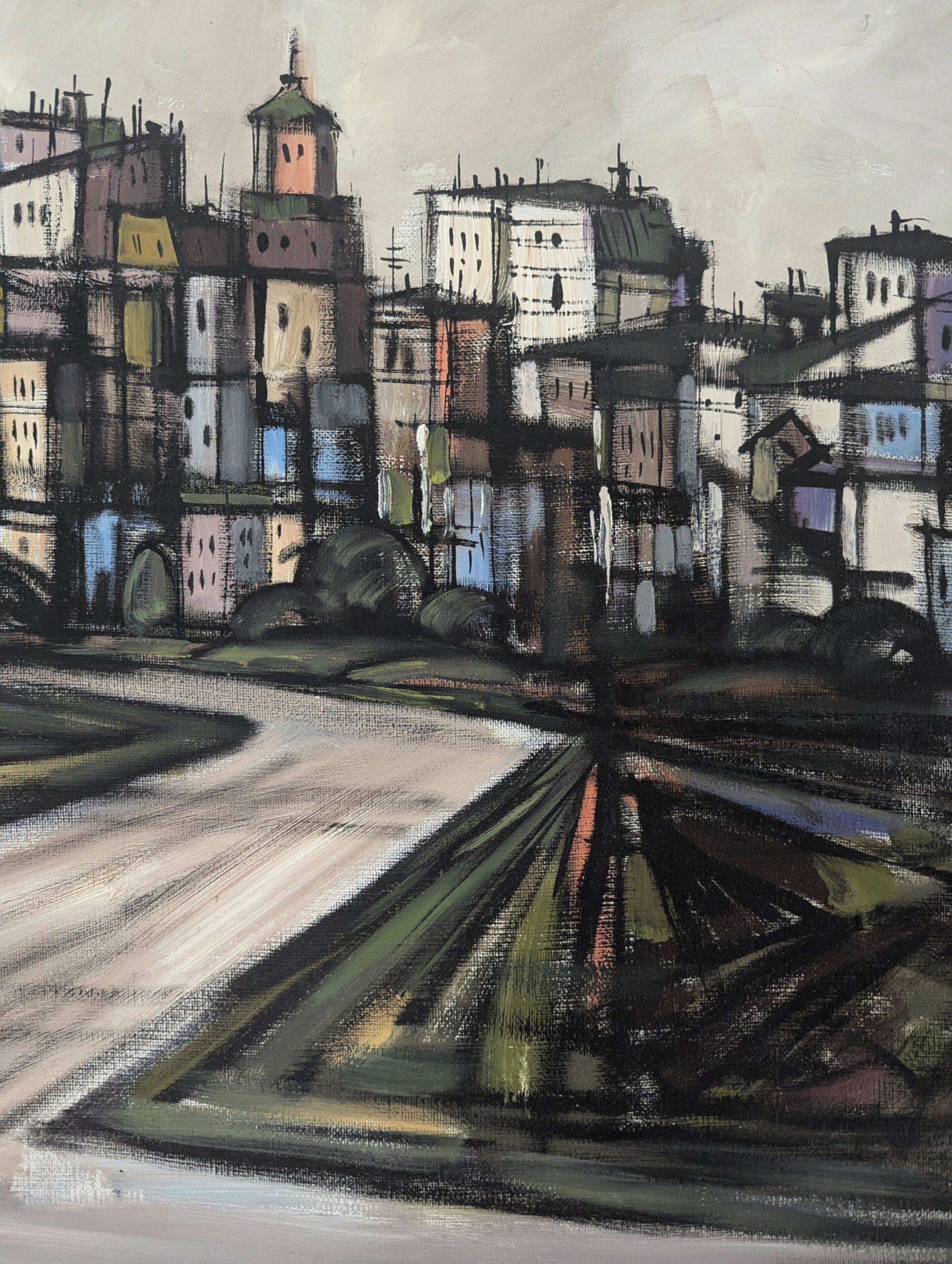 Vintage Mid-Century Modern Geometric Landscape Oil Painting -Cityscape in Motion For Sale 7