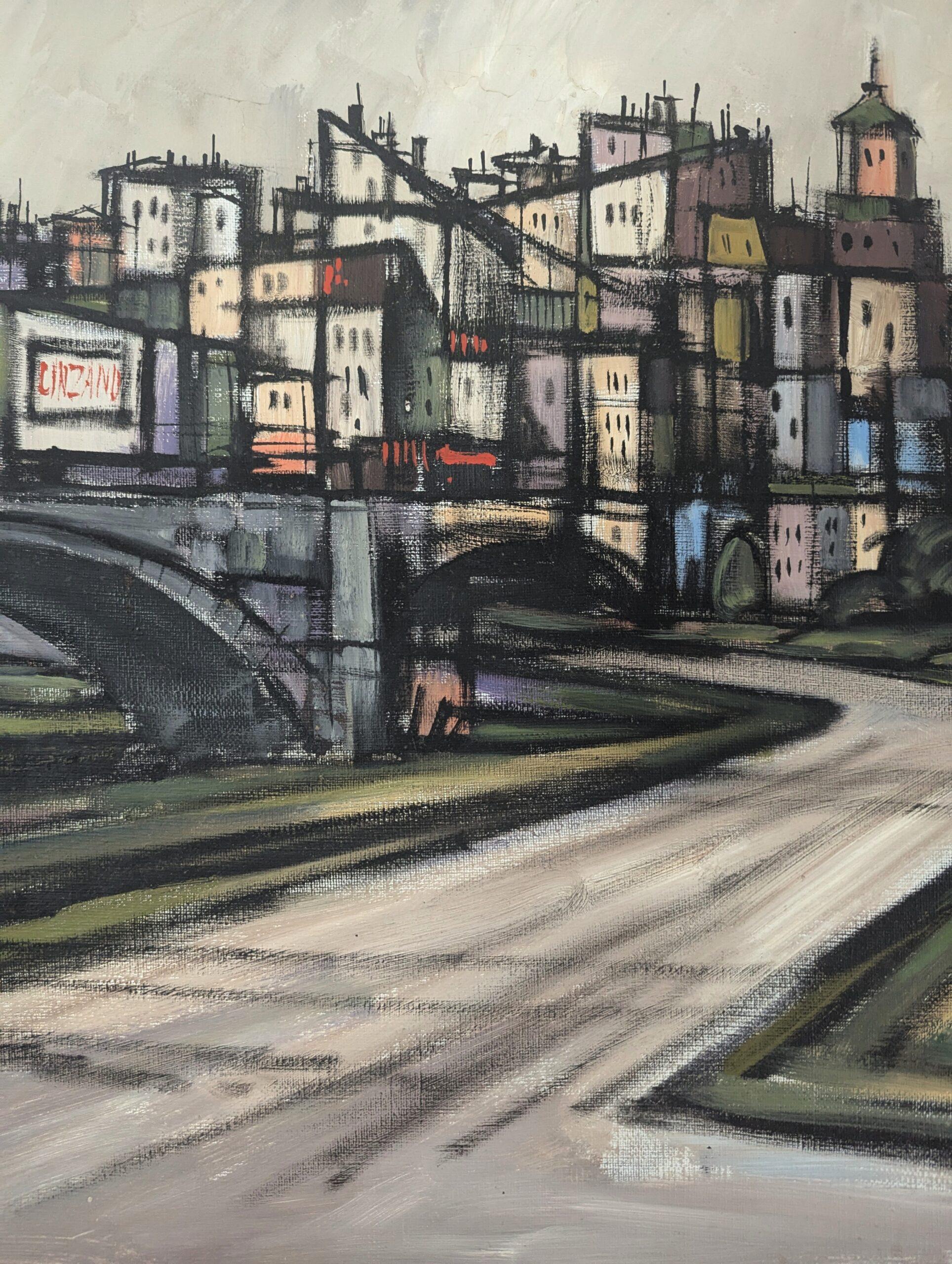 Vintage Mid-Century Modern Geometric Landscape Oil Painting -Cityscape in Motion For Sale 8