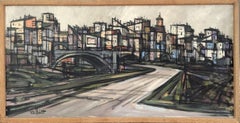 Vintage Mid-Century Modern Geometric Landscape Oil Painting -Cityscape in Motion