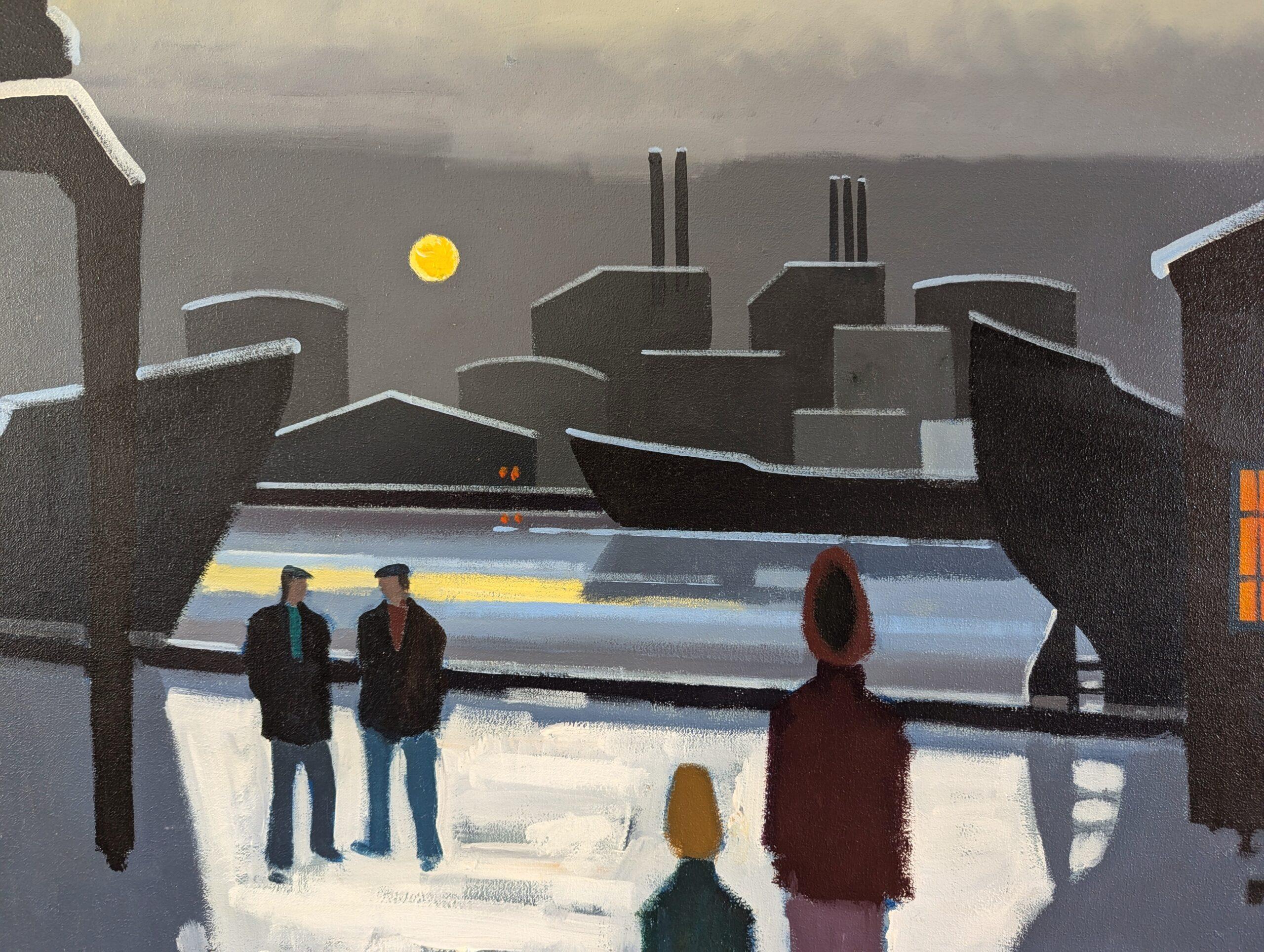 Vintage Mid-Century Modern Harbour Landscape Oil Painting - Boats by Moonlight For Sale 9