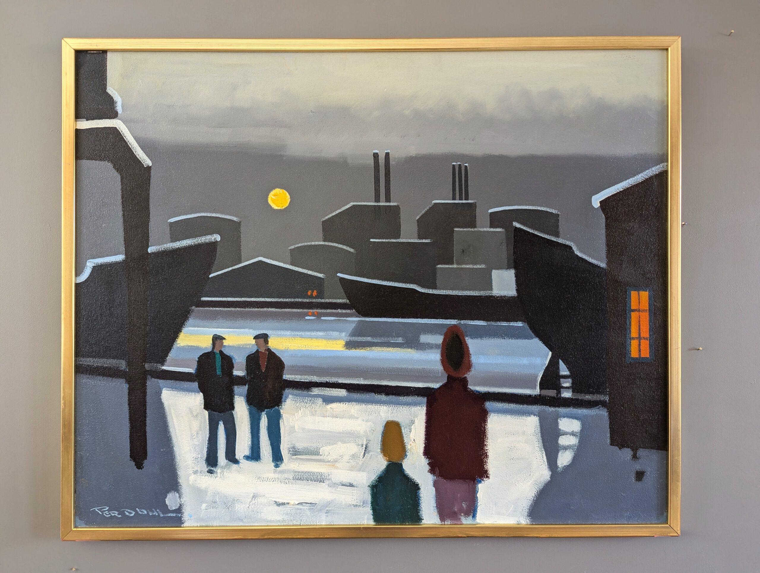 Vintage Mid-Century Modern Harbour Landscape Oil Painting - Boats by Moonlight For Sale 1