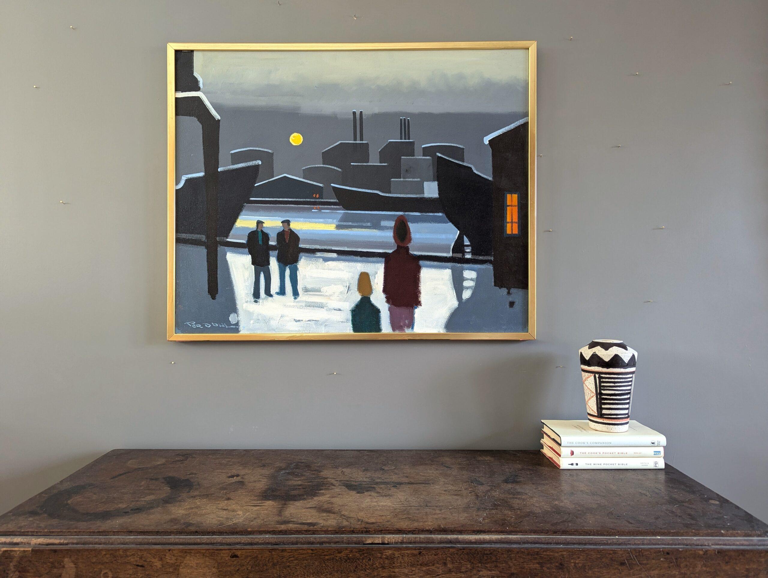 Vintage Mid-Century Modern Harbour Landscape Oil Painting - Boats by Moonlight For Sale 2