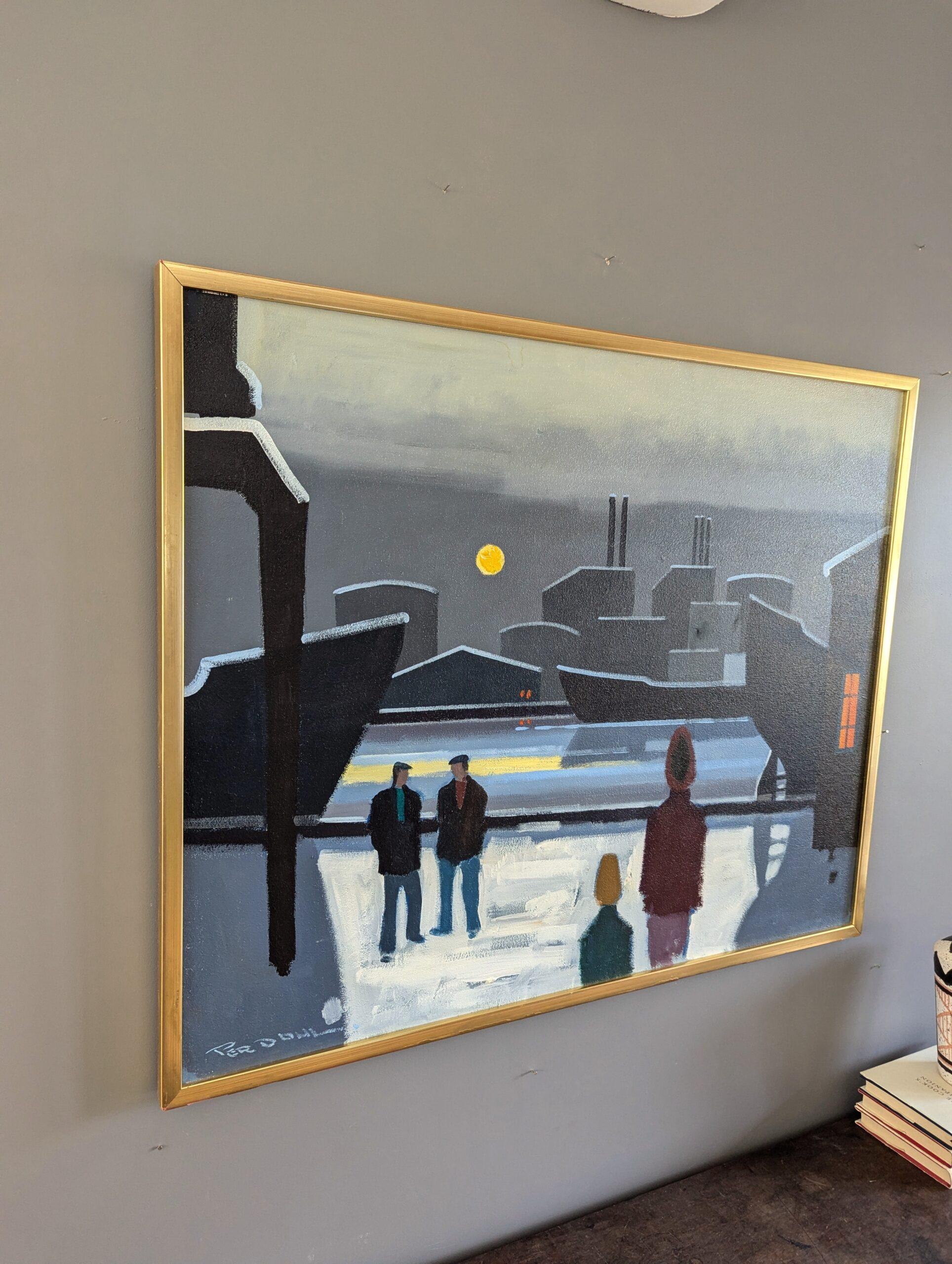 Vintage Mid-Century Modern Harbour Landscape Oil Painting - Boats by Moonlight For Sale 3