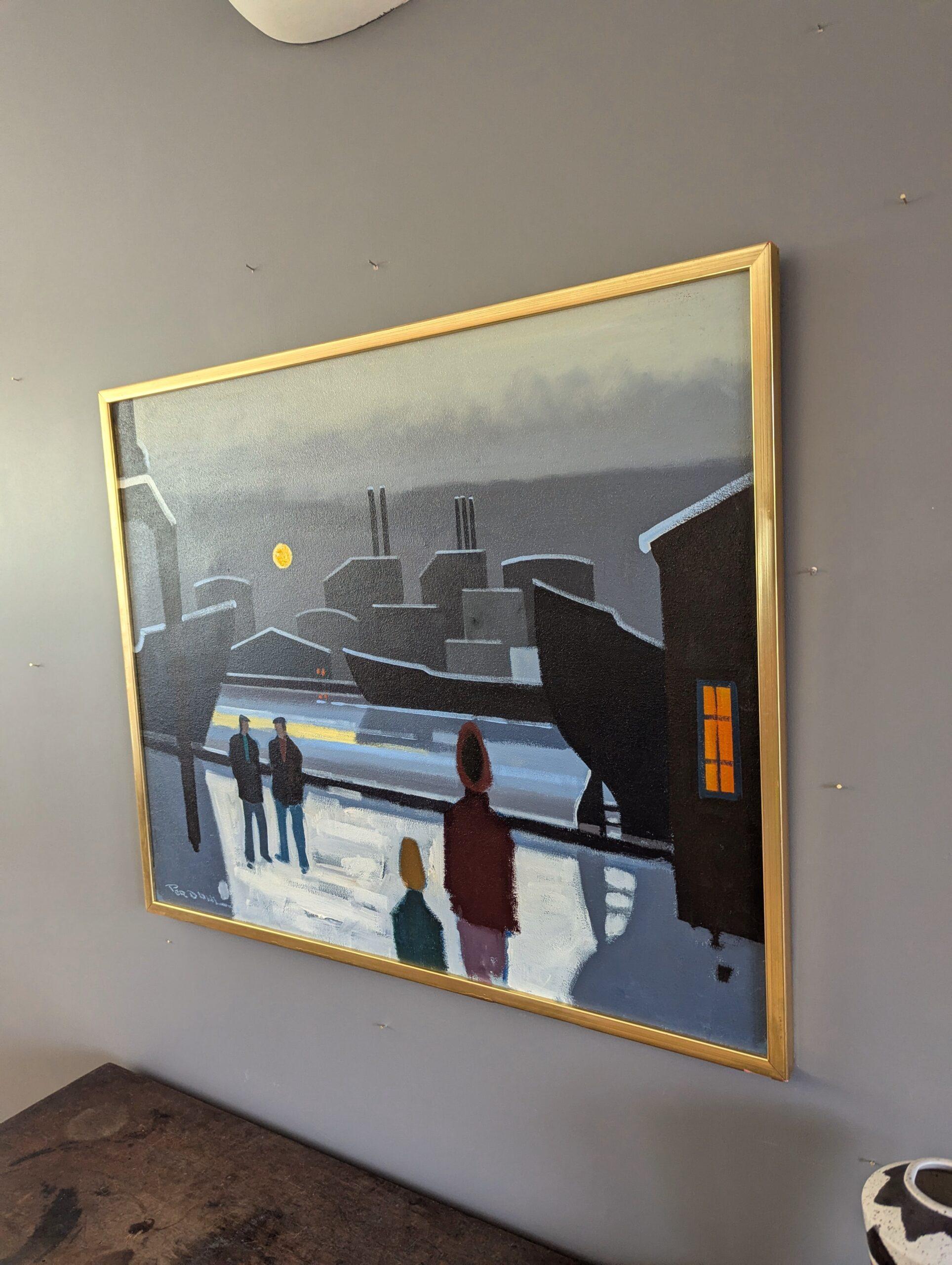 Vintage Mid-Century Modern Harbour Landscape Oil Painting - Boats by Moonlight For Sale 4